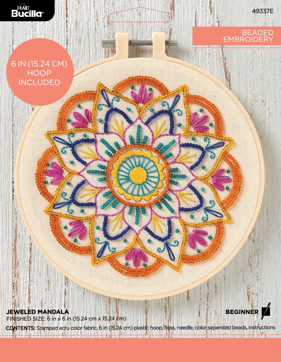Bucilla, Kit de cuentas con diseño de mandala, para manualidades y manualidades, incluye tela estampada, aro de 6 pulgadas, hilo de bordar, aguja e instrucciones (idioma español no garantizado)