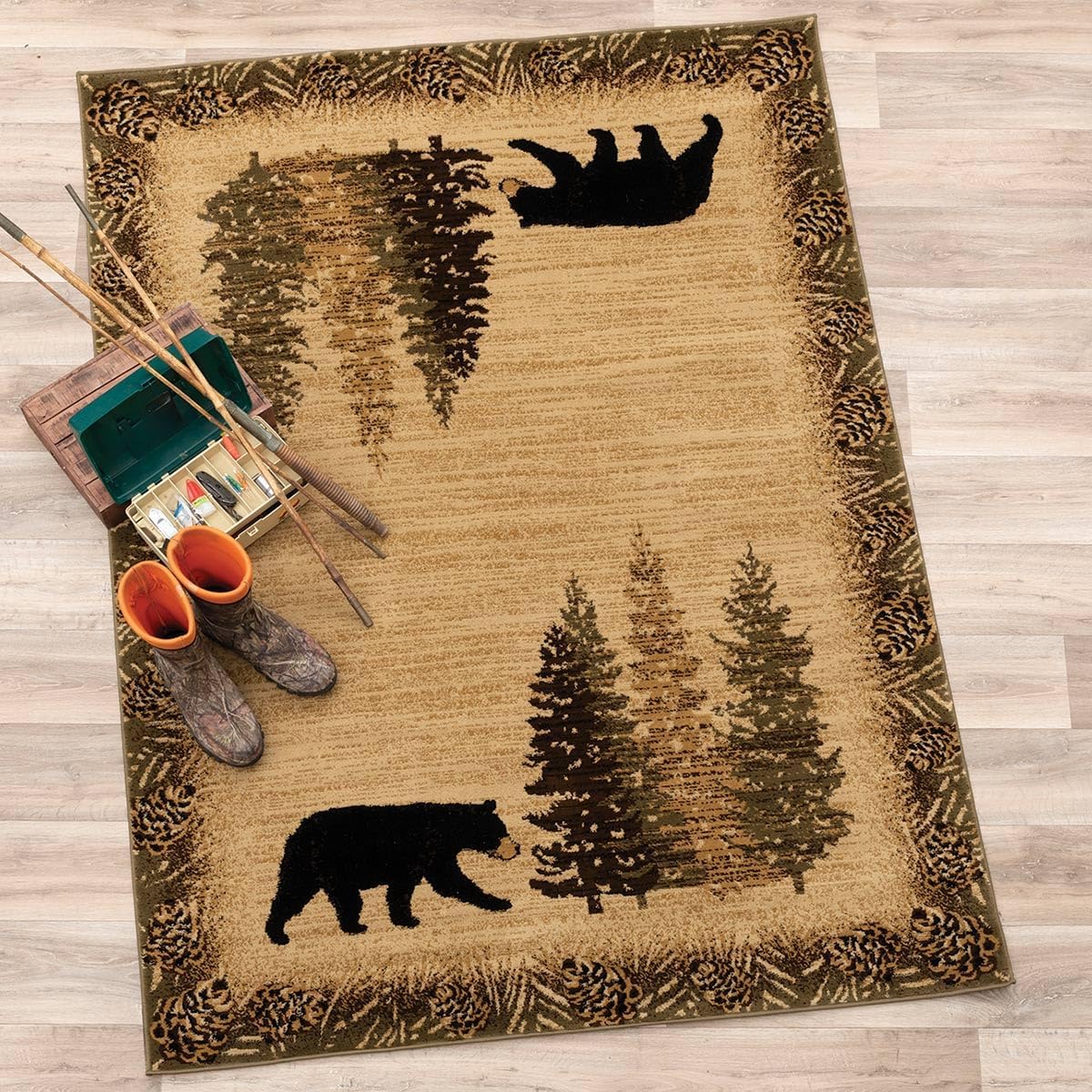 BLACK FOREST DECOR Timberland Trails Bear Rug 5 x 7 – Soft Polypropylene Area Rug with Strolling Bears Pine Grove Scene Pinecone Border Durable Lodge Cabin Living Room Rustic Woodland Decor Carpet