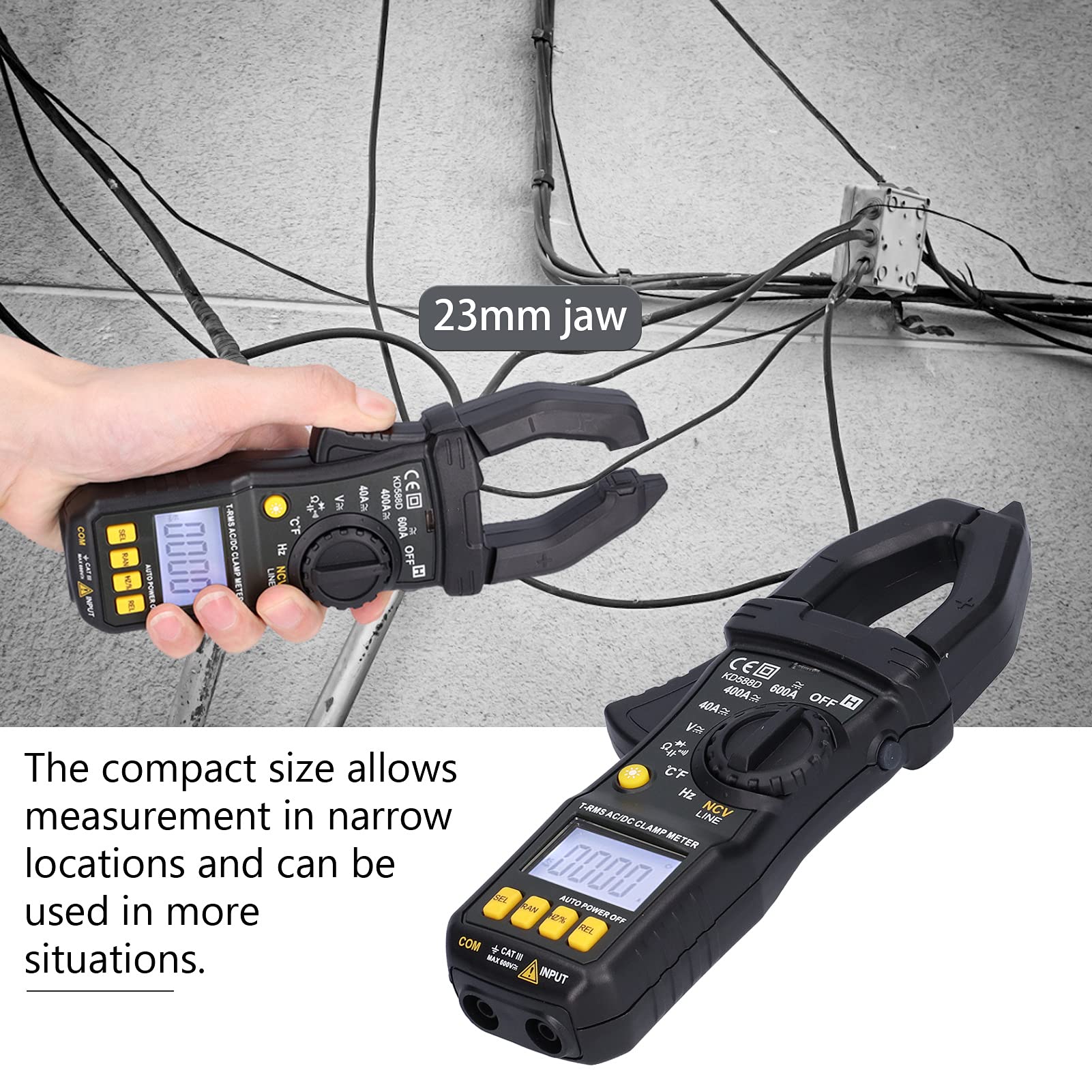 KD588D Pinza amperimétrica digital Voltímetro de verdadero valor eficaz con NCV Detección de voltaje sin contacto Protección contra sobrecarga para electricistas ingenieros