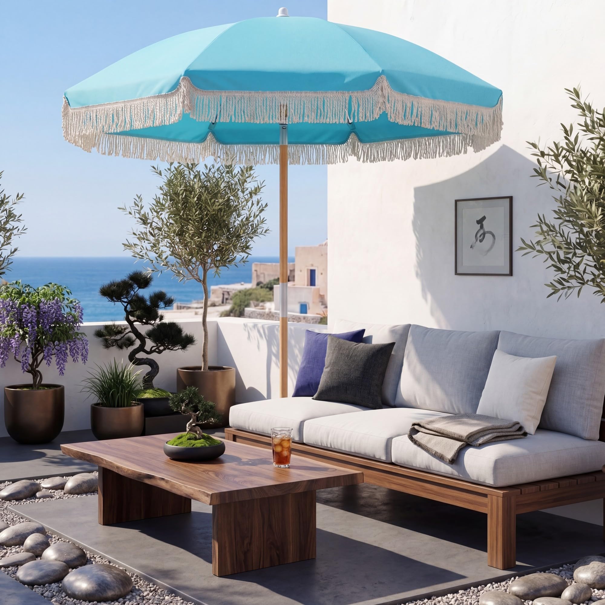 KOMFOTTEU Ombrellone da spiaggia 170 cm, ombrellone rotondo con bastone di legno, ombrellone terrazza esterna inclinabile a 30° con 8 aste e doppio strato ventilato, per giardino, balcone