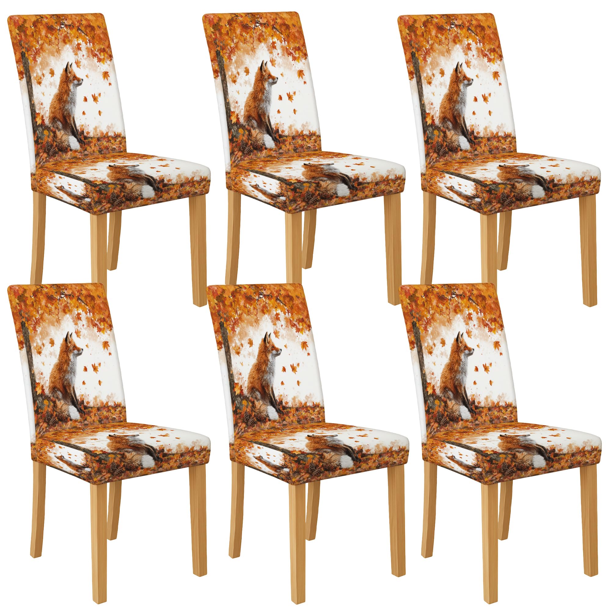 Autumn Fox Pattern Chair Covers for Dining Chairs, Stretch & Washable Spandex Seat Protectors, Cozy Decorative Slipcovers for Living Room 6PCS