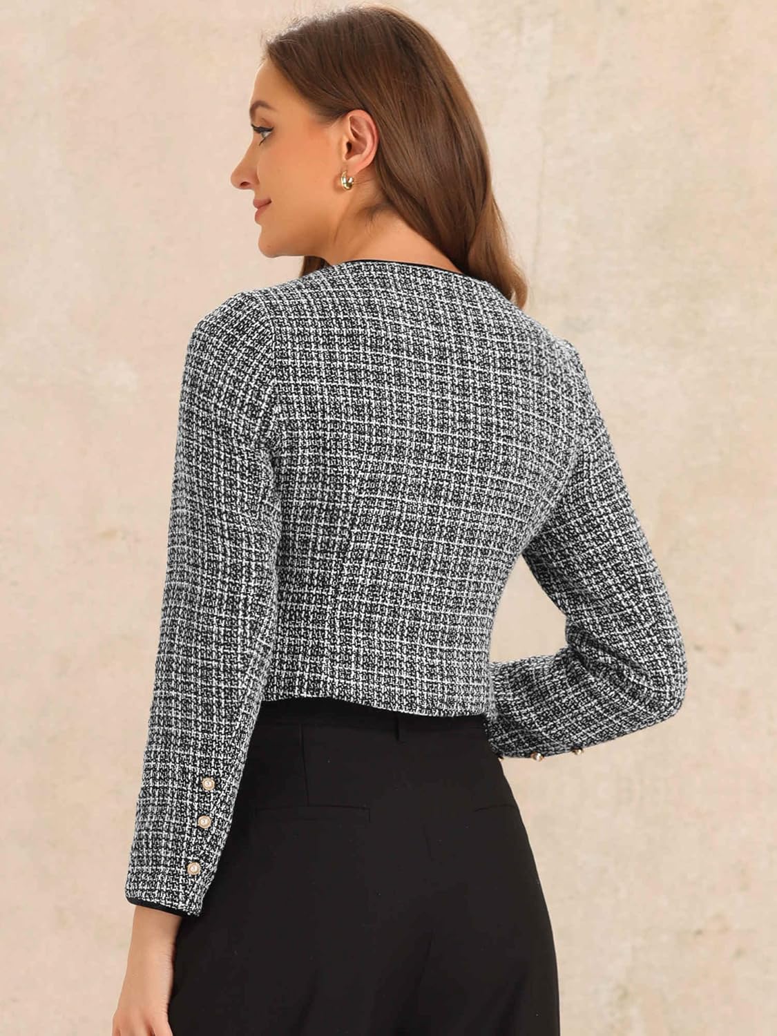 Allegra K Tweed Jacket for Women's Long Sleeve Casual Work Office Plaid Short Outwear - Image 3