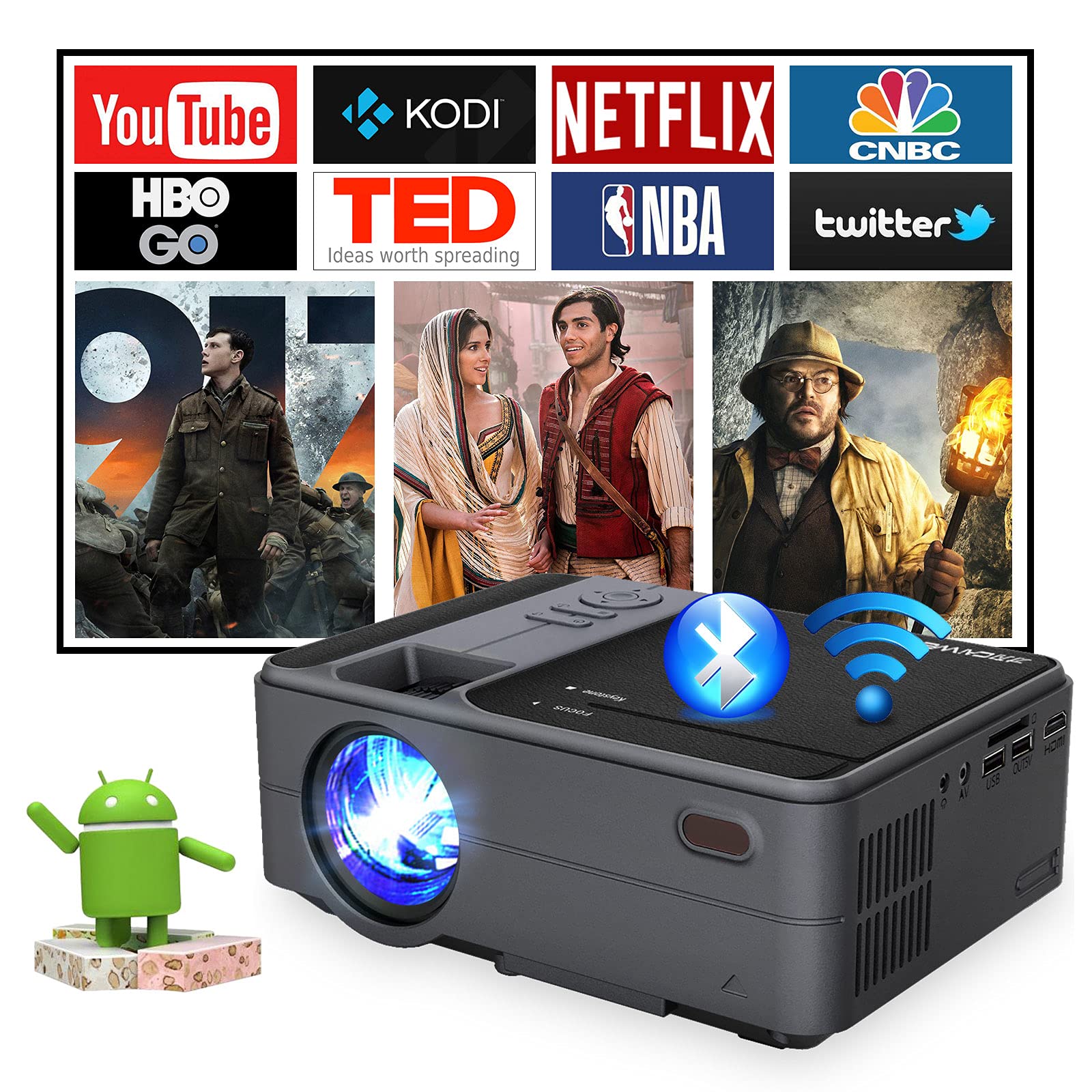 Portable Mini Projector with WiFi & Bluetooth, Full HD 1080P Supported Outdoor Movie Projector Wireless Phone Mirroring, Smart Home Android Projector Digital Zoom for HDMI,USB,Laptop,PC,TV Stick,DVD