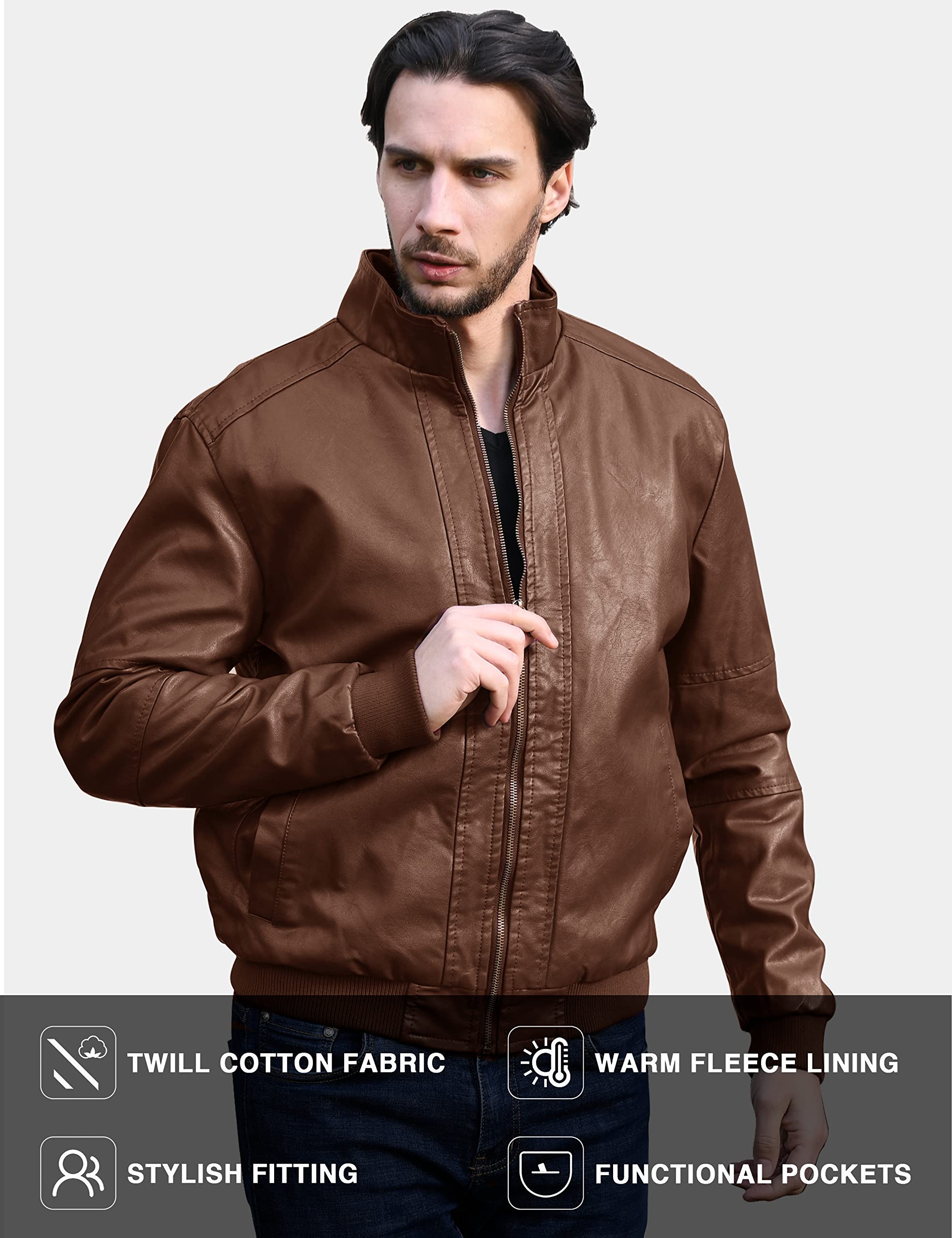 WenVen Mens Stand Collar Fleece Lined Faux Leather Jacket Warm Winter Coat | Bomber Outerwear product thumbnail 5