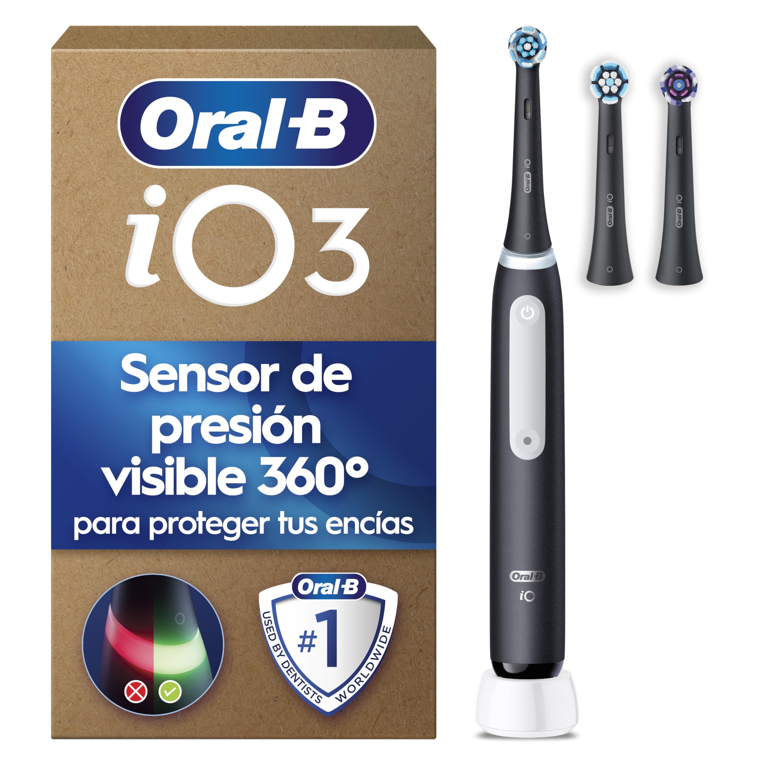Oral-B iO 3 Cepillo de Dientes Eléctrico con 3 Cabezales, Negro - Cepillo Dental con Sensor de Presión, 3 Modos de Cepillado con Blanqueamiento Dental Y Temporizador, Diseñado por Braun