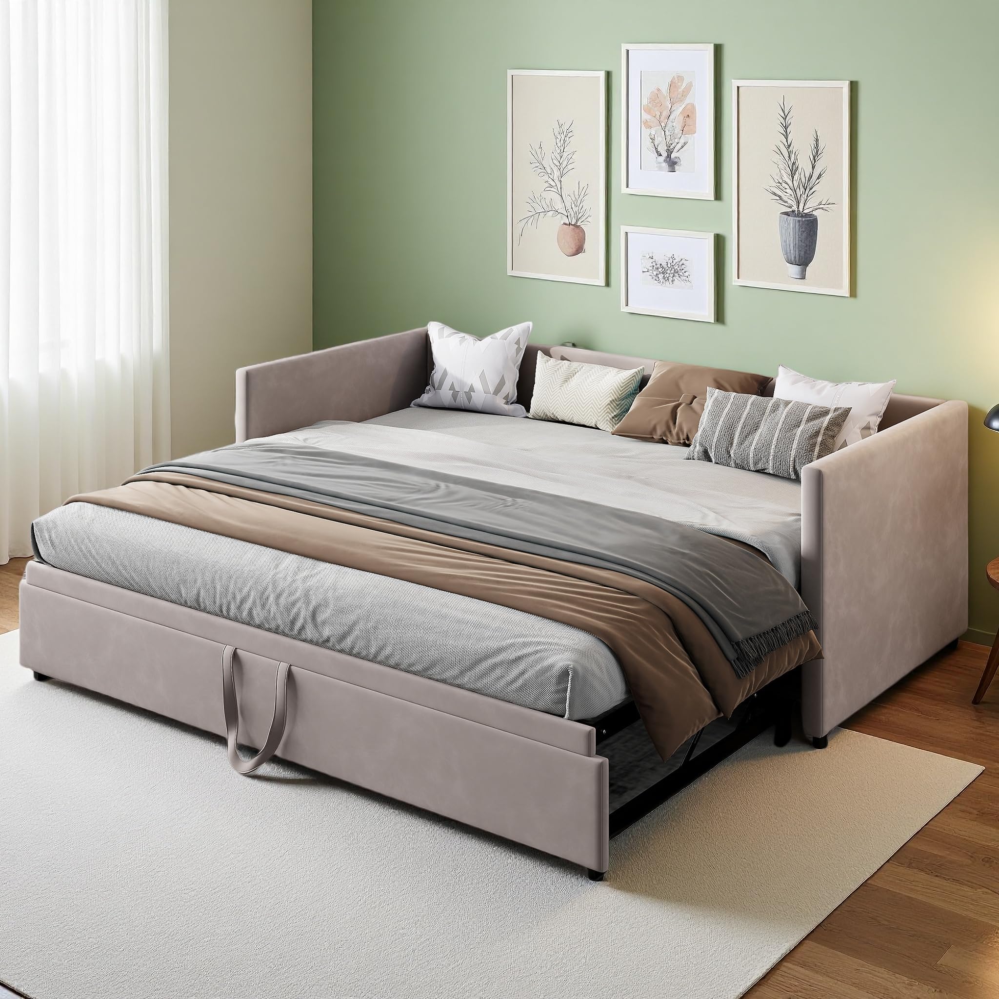 Schlafsofa 90/180x200cm mit Lattenrosten, Polsterbett mit Ausziehbett, Mehrzweck Schlafsofa，Klappsofa 2-Sitzer mit Rückenlehne AUD Schlaffunktion, Samt, ohne Matratze (Grau, 213 x 183 x 74 cm)