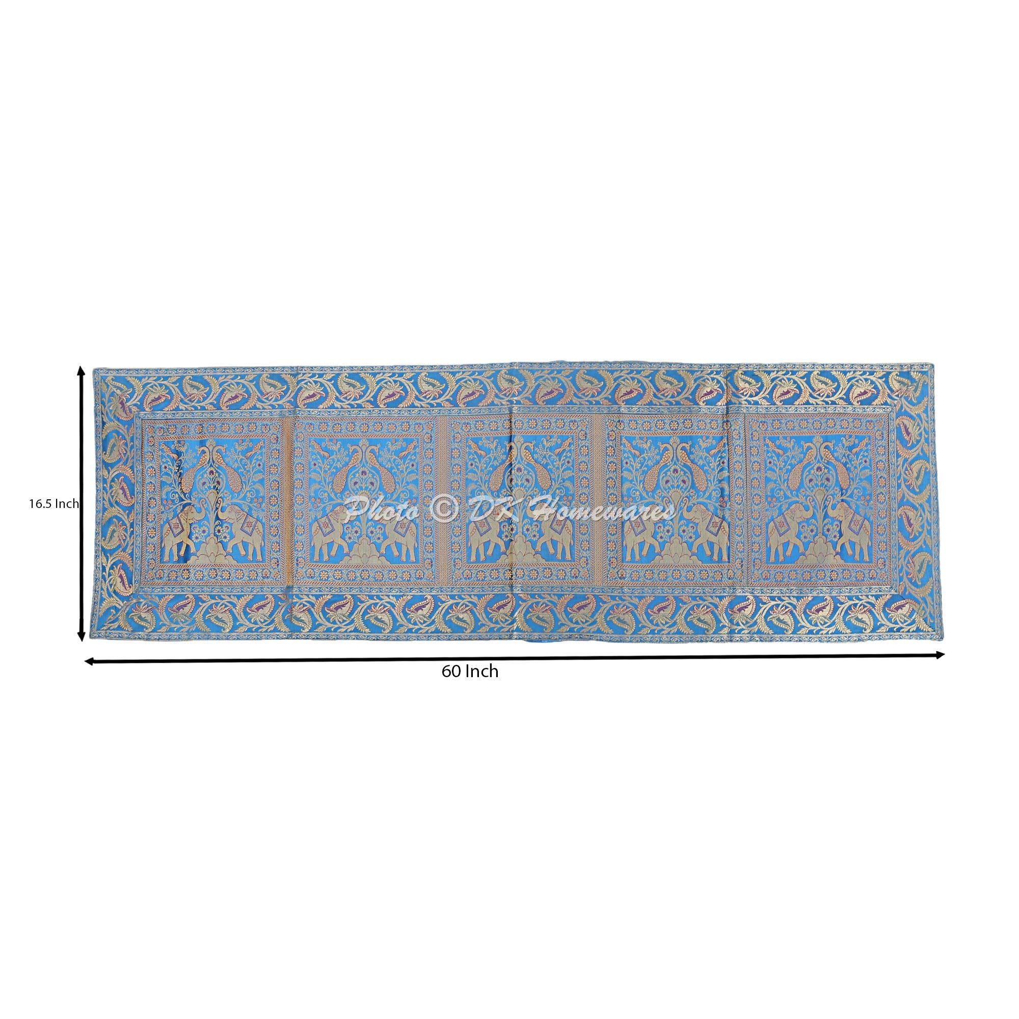 DK Homewares Tovaglia Runner Broccato 150x40 Cm | Elefante E Pavone, Bianco E Oro, Stile Tradizionale