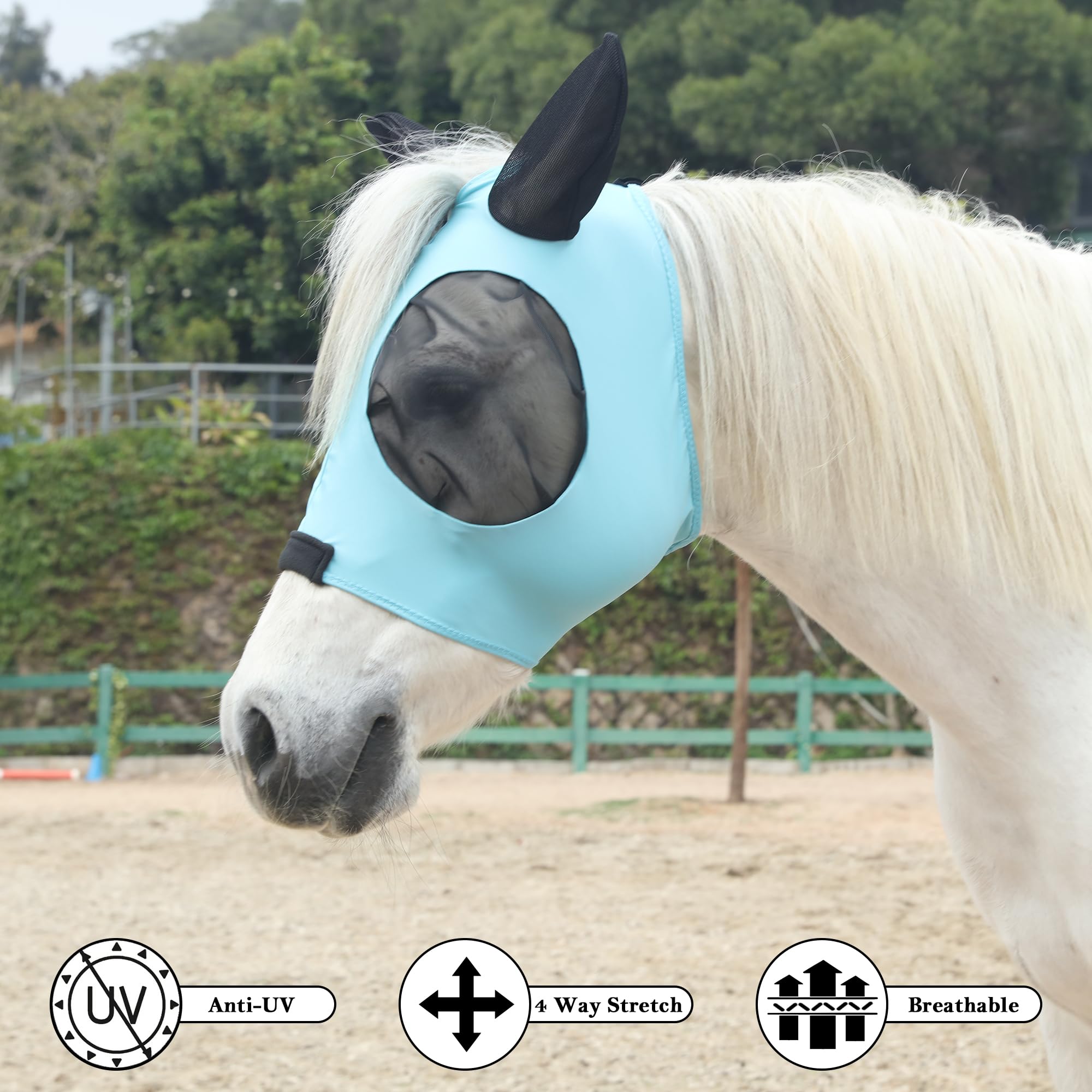 Gallopoff Horse Fly Mask Large Eye Space with Ears, Super Comfort Stretchy UV Protection for Horse Lake Blue Full - Image 4