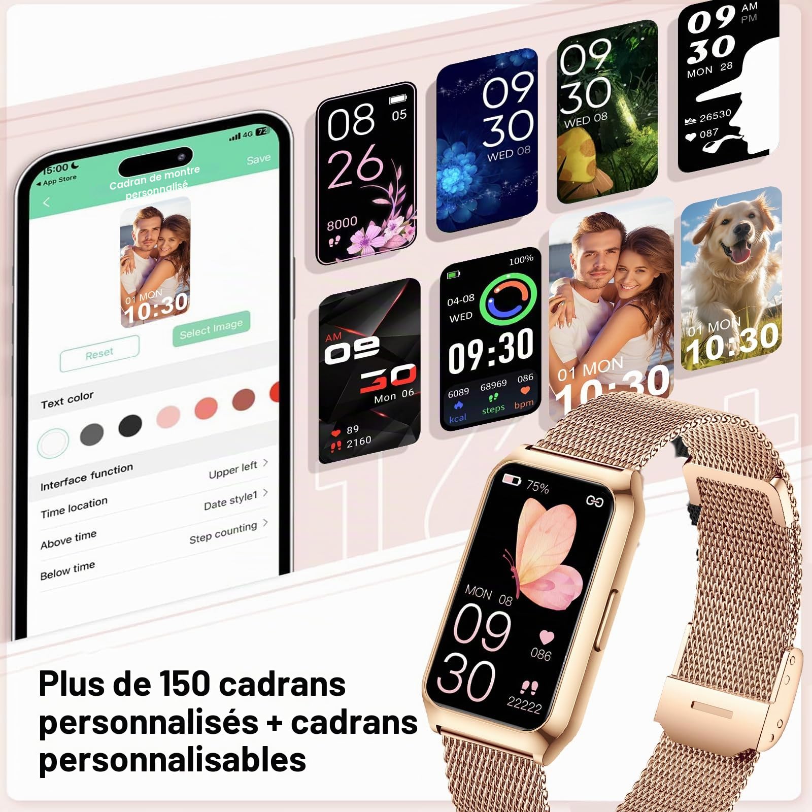 Montre Connectée Femme, 1.47" HD Smartwatch avec Cadre en Aluminium, 26 Modes Sportifs, Fréquence Cardiaque SpO2 Suivi Sommeil, Etanche IP68 Smartwatch Féminine pour Android iOS, Or Rose