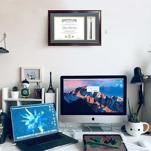 Miniatura 2 de GraduatePro Marco de diploma de 11 x 17 pulgadas con soporte de borla para caja de sombra de certificado de 8.5 x 11, borde dorado caoba con doble