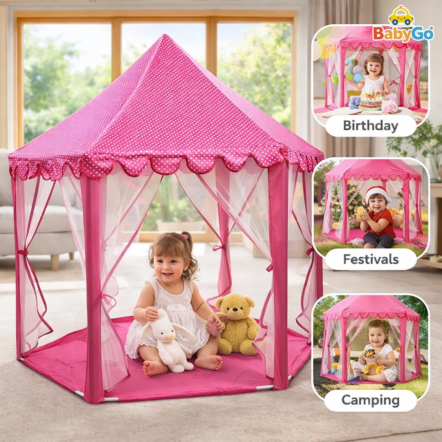 BabyGo Kids Prince Princess Castle Theme Play Tent with Mosquito Net Design for Kids (Pink) (140cm x 135cm x 70cm) 2