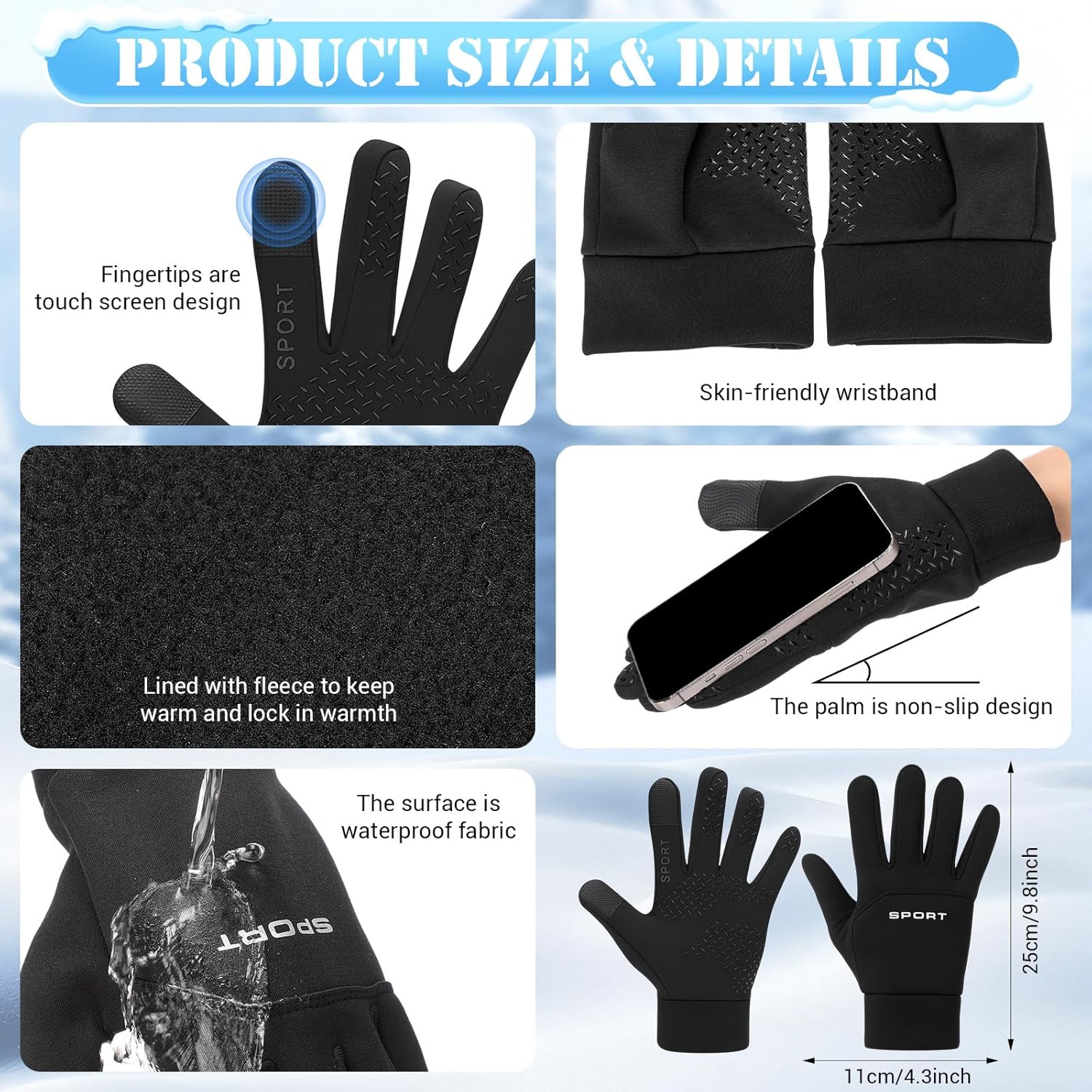 3 Pack Winter Cycling Skull Cap for Men Under Helmet Liner Thermal Fleece Bike Beanie Hat with Glasses Holes Windproof Waterproof Touchscreen Gloves Black Warm Socks Set - Image 3