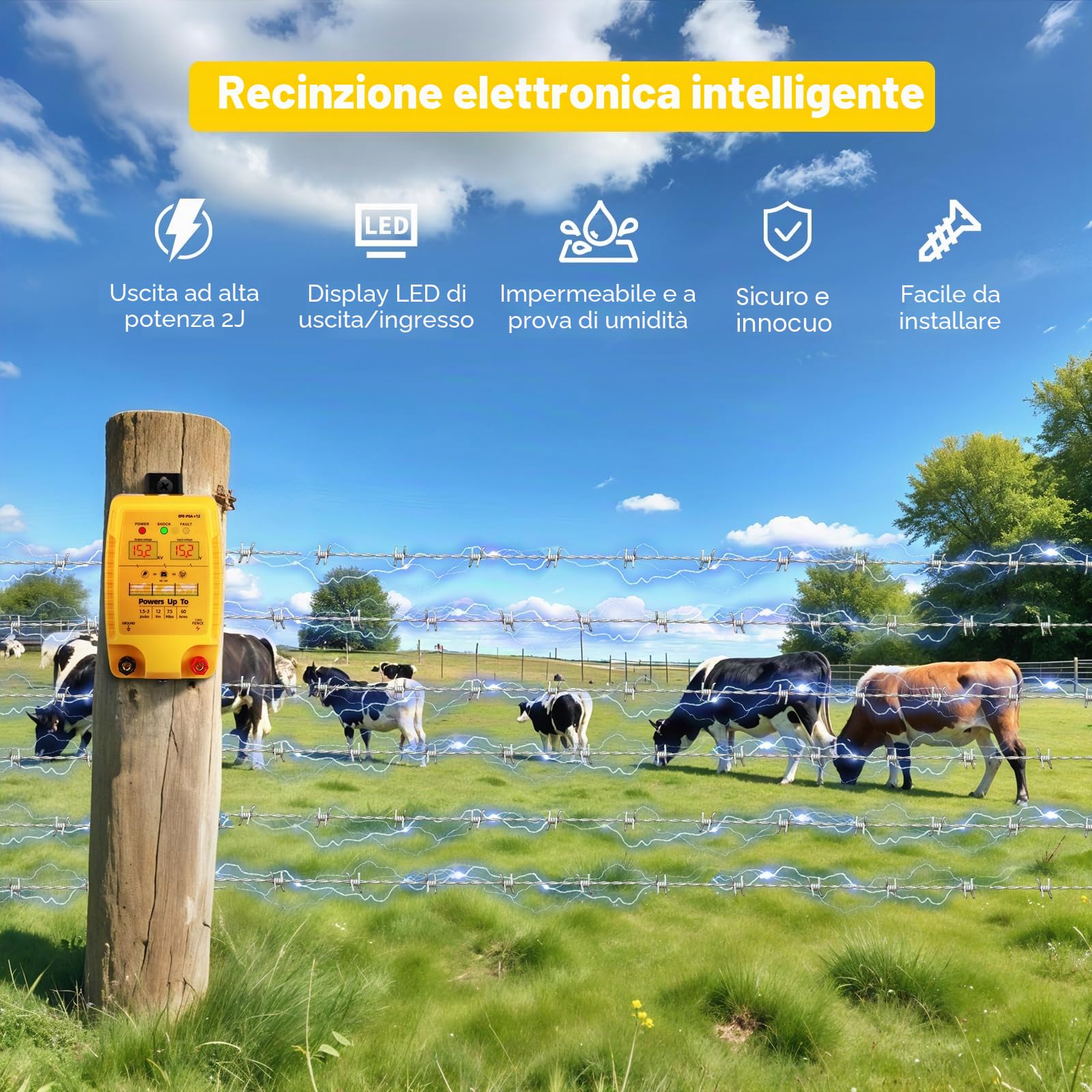 Recinzione elettrica da 12 V con display a LED, 2J 10 kV, recinzione elettrica impermeabile per 12 KM, display a LED, recinzione elettrica per bovini, pecore, pollame, bestiame, centralina per la