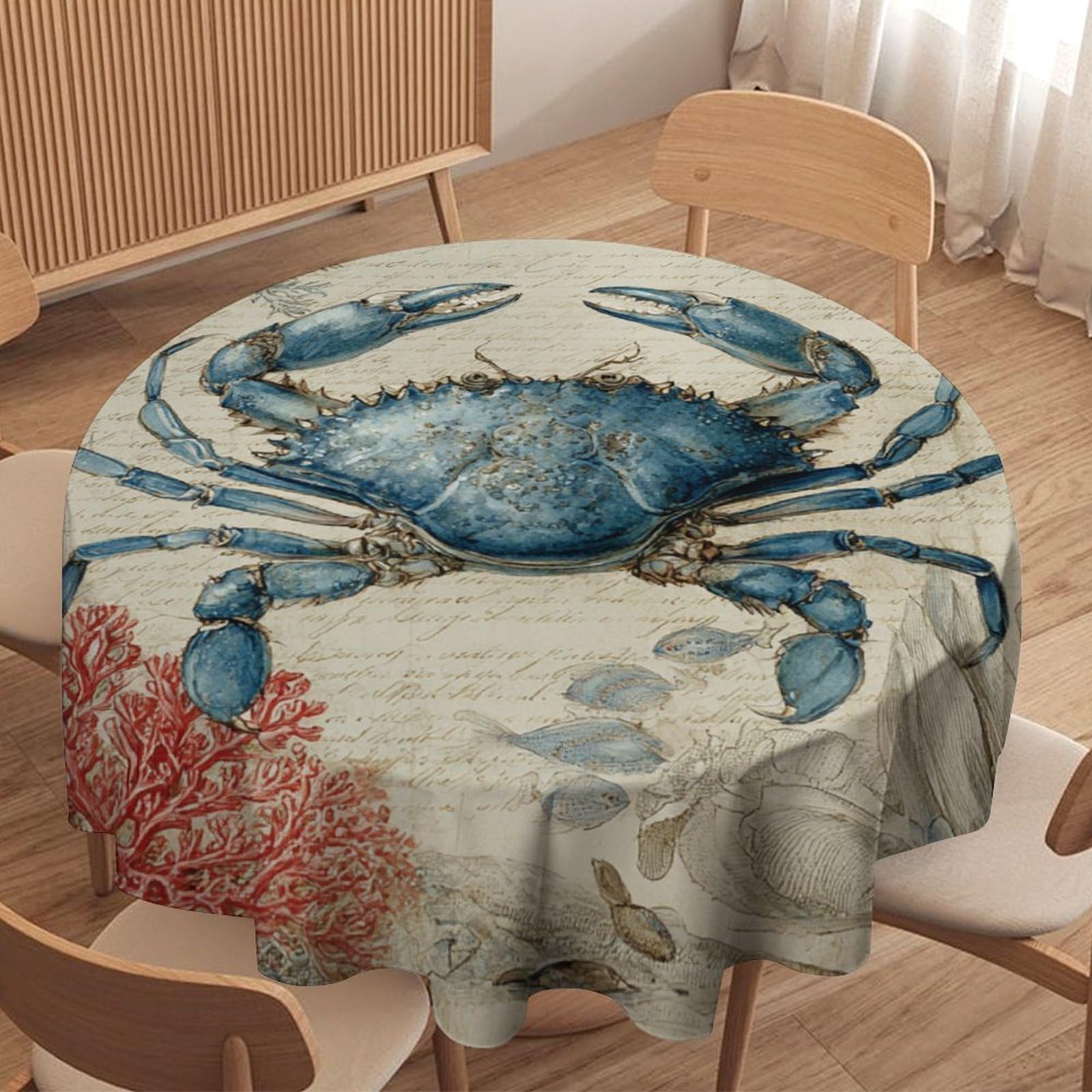 LUYYSKY Vintage Realistic Blue Crab Waterproof Round Tablecloth Rustic Painting Art Nautical Sea Animal Crab Coral Compass Washable Table Cover for Kitchen-91.4" Wx91.4 L cm