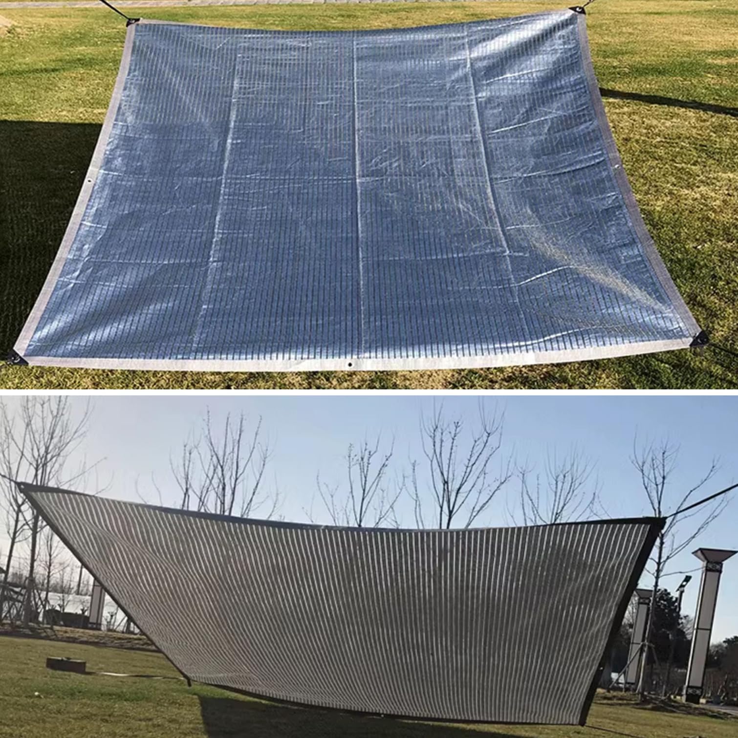 75% tkanina e- folia aluminiowa Sune Silver ochrona przed promieniowaniem UV na zewnątrz patio szklarni oddychająca izolacja cieplna z przelotkami (500 cm x 650 cm)
