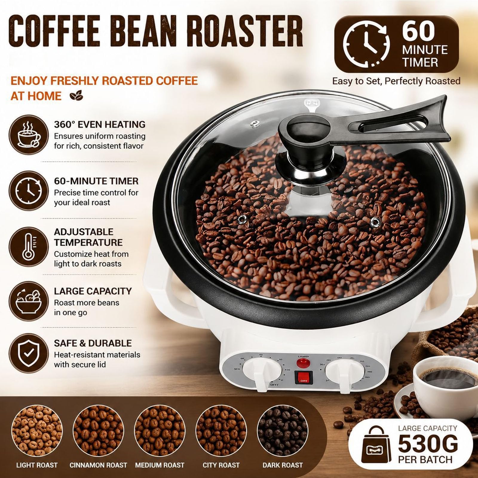 Macchina per Tostare Chicchi di Caffè, Tostatrice Elettrica di Chicchi di Caffè da 750G con Temperatura Regolabile 100-240℃ e Timer 0-60 Minuti per Noci, Arachidi, Mais, Cereali