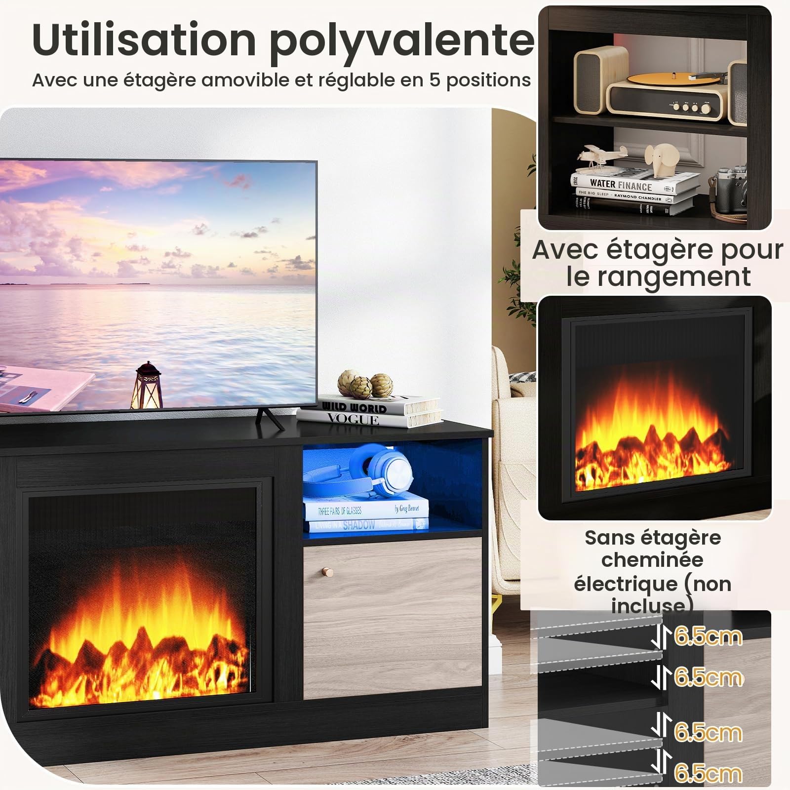 KOMFOTTEU Meuble TV avec LED, pour Téléviseurs 65 Pouces, 147 x 40 x 60 cm