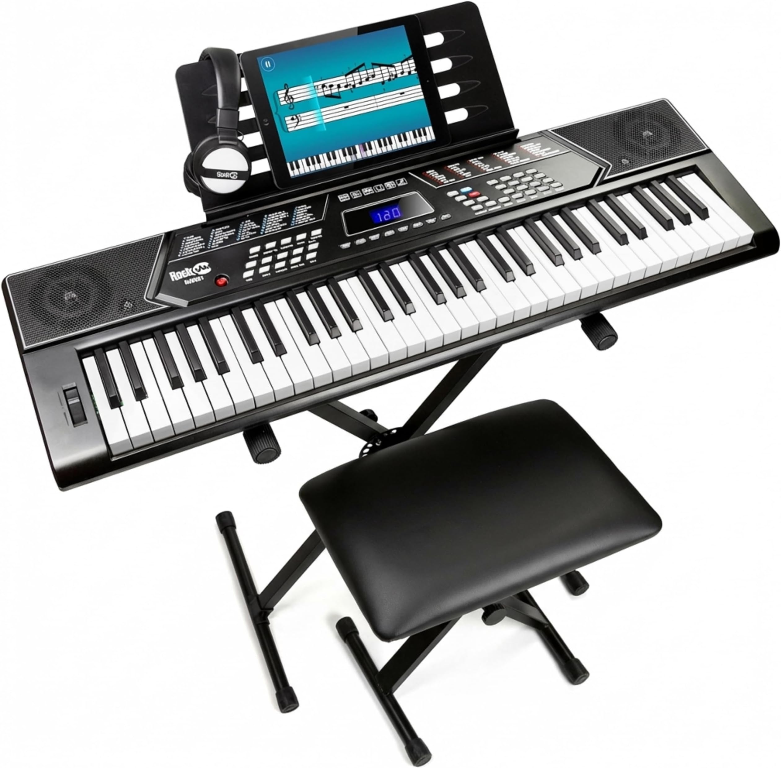 RockJam 61 Key Keyboard With Pitch Bend Kit, Piano Bench, Headphones, Simply Piano App & Keynote Stickers