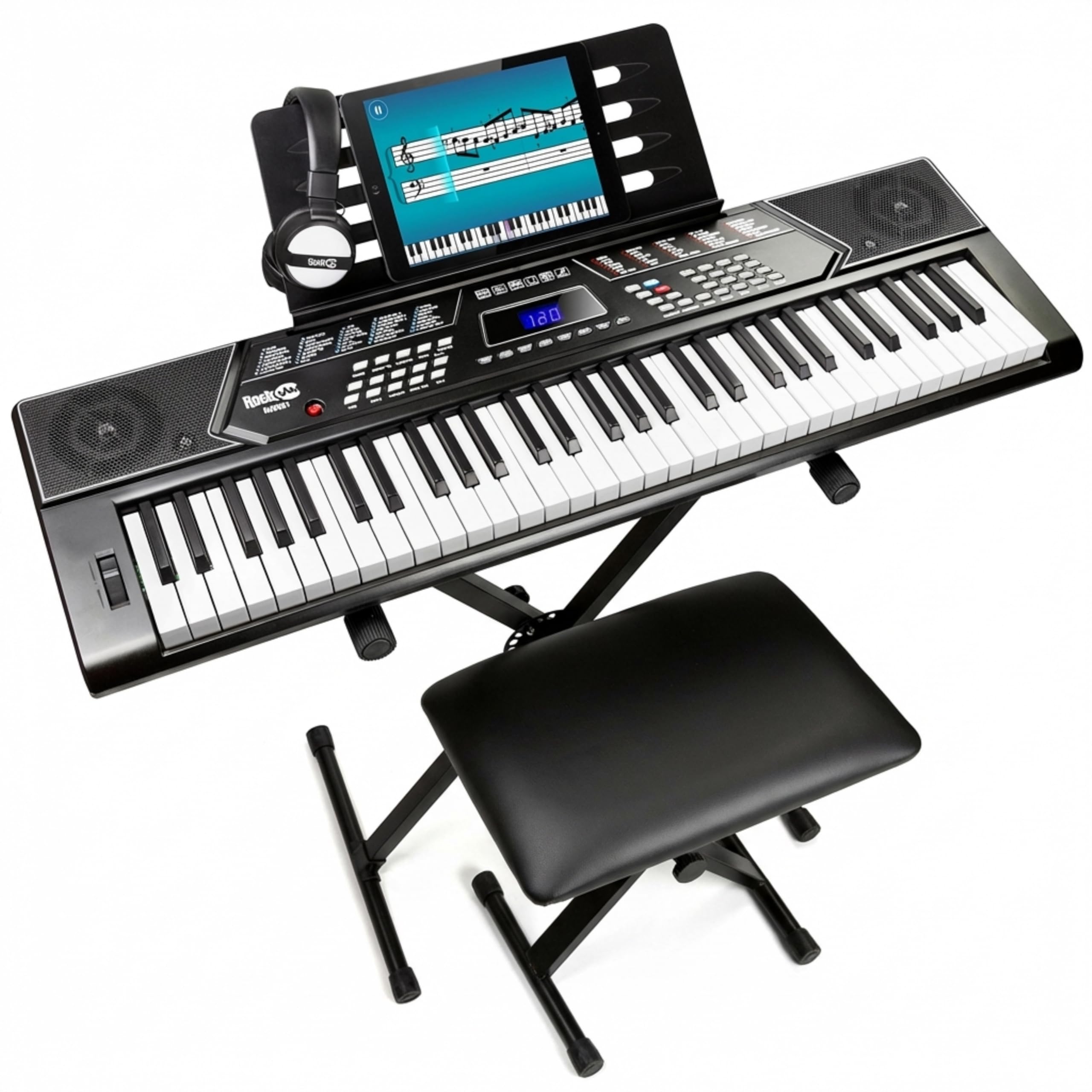 RockJam 61 Key Keyboard Piano Stand With Pitch Bend Kit, Piano Bench, Headphones, Simply Piano App & Keynote Stickers