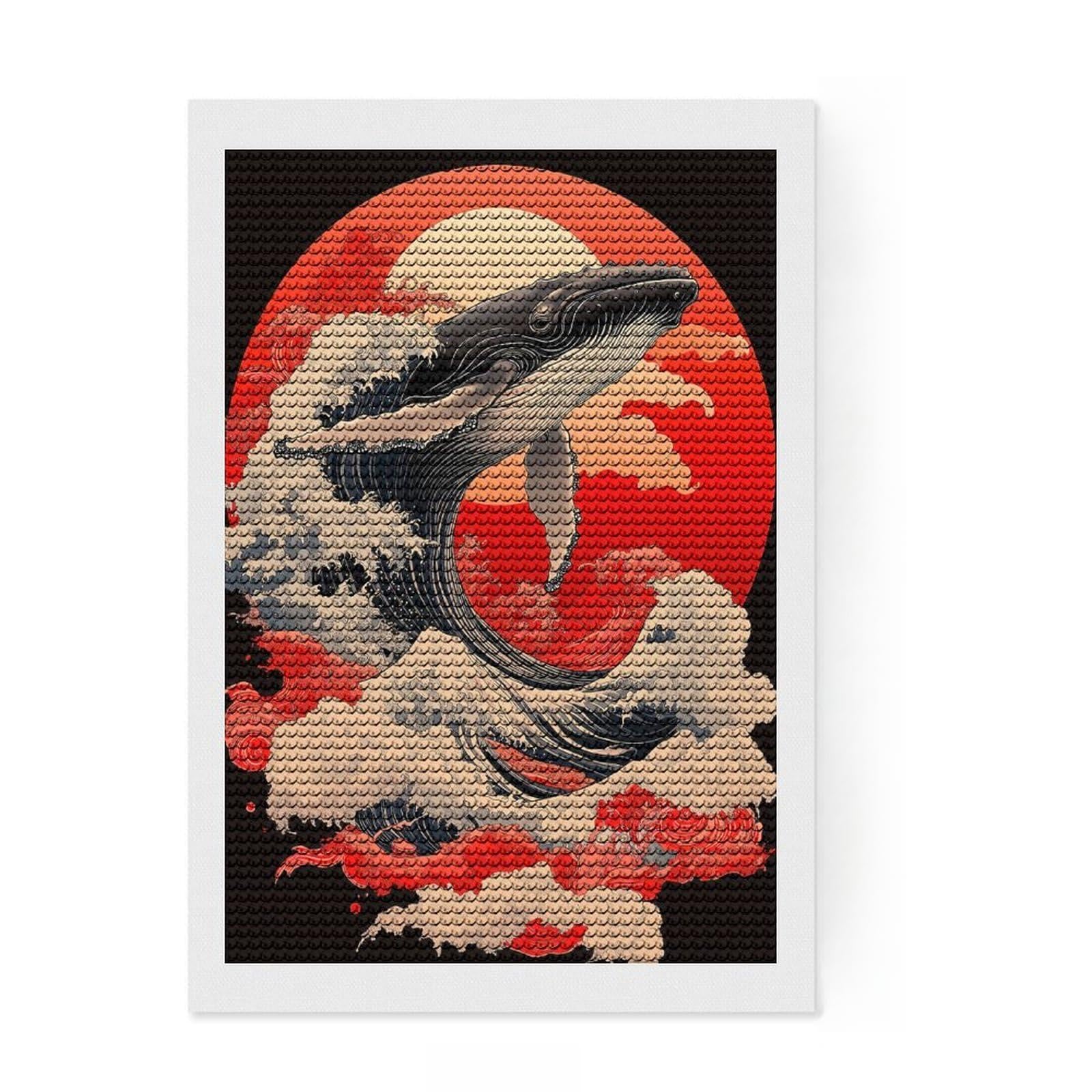 Junmoney Whale and Red Sun Diamond Painting Canvas Set 8"x12", for Teens, Simple to Start, Farmhouse Decor, Thoughtful Handmade Gift