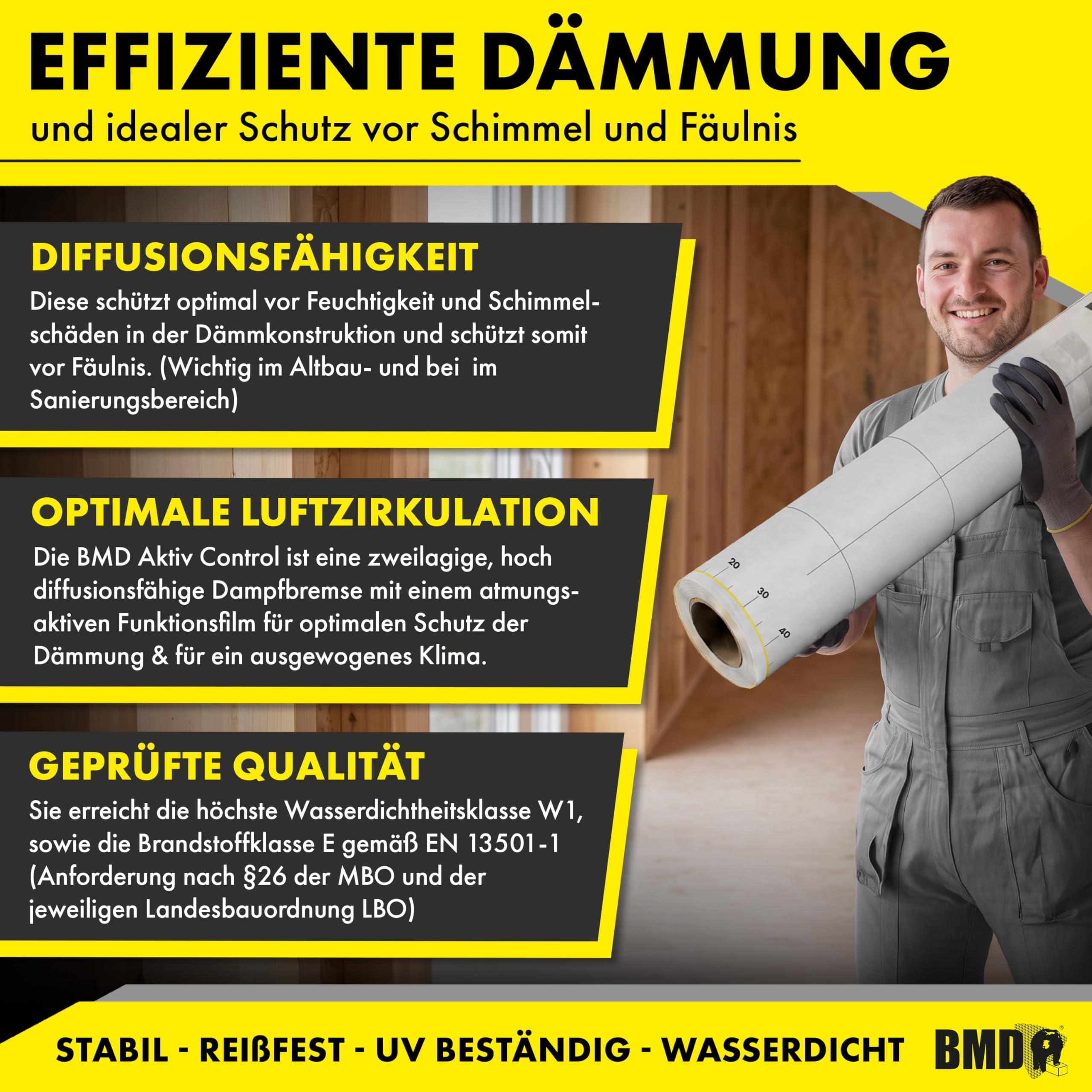 BMD Aktiv Control Dampfbremse | 1,5m x 20m | 30 m² | diffusionsfähige Dampfbremsfolie | gemäß DIN 4108 und ENEV | Neubau | Sanierung