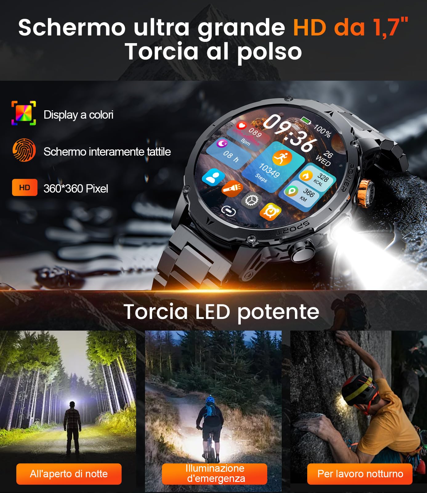 1000 mAh Smartwatch Uomo,1.7" Smart Watch Militare con 110+ Modalità Sportive,IP68 Impermeabile,Chiamata Bluetooth,Frequenza Cardiaca, Android iOS,3 Braccialetti,2 Caricabatterie