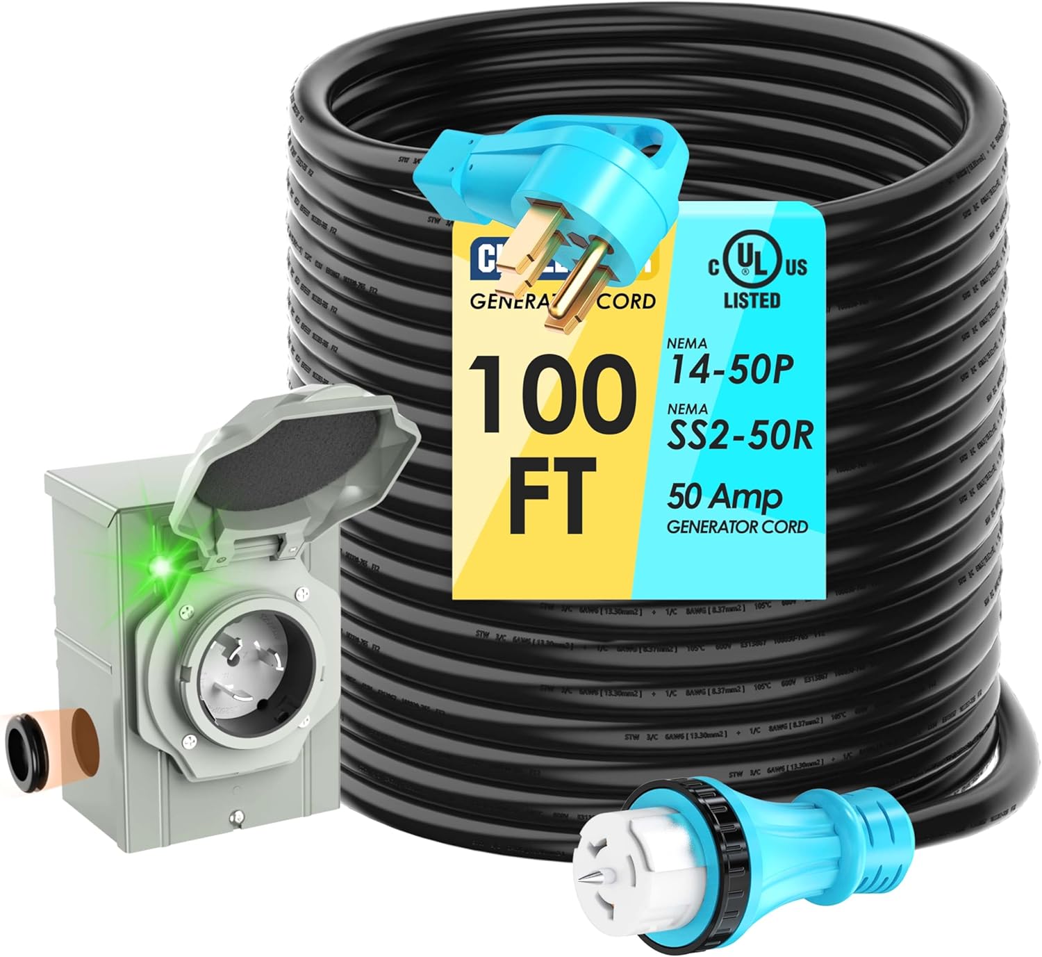 50 Amp Generator Cord & Inlet Box Kit, 100 ft (NEMA 14-50P to SS2-50R)