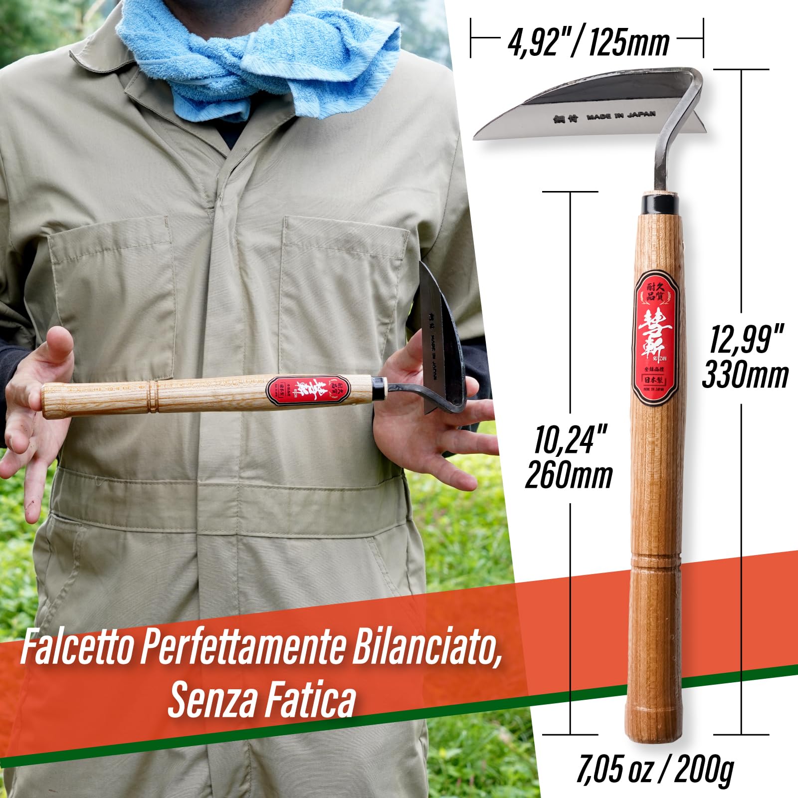 SUIZAN Falcetto diserbo Nejiri Kama 330mm - Sarchiello Zappetta Giapponese | Professionale Attrezzi giardinaggio erbacce orto sarchiatura terreno coltivazione Zappa Nejirikama estirpatore aiuole