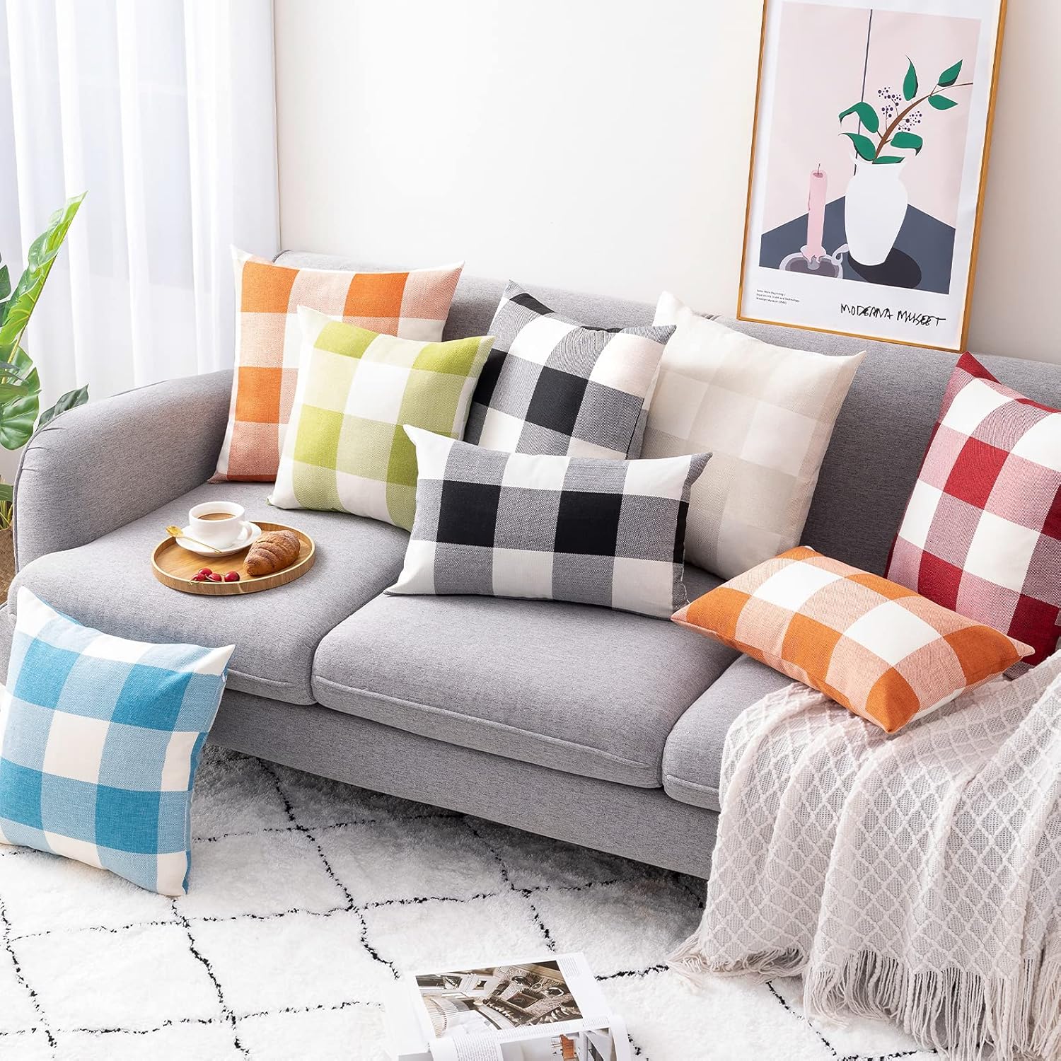 joybest Throw Pillow Covers, Set of 2 Buffalo Check Plaid Throw Pillow Cases Cotton Linen Cushion for Sofa Bedding Car and Fall Home Decor (Black and White, 16" X 16"): Home & Kitchen