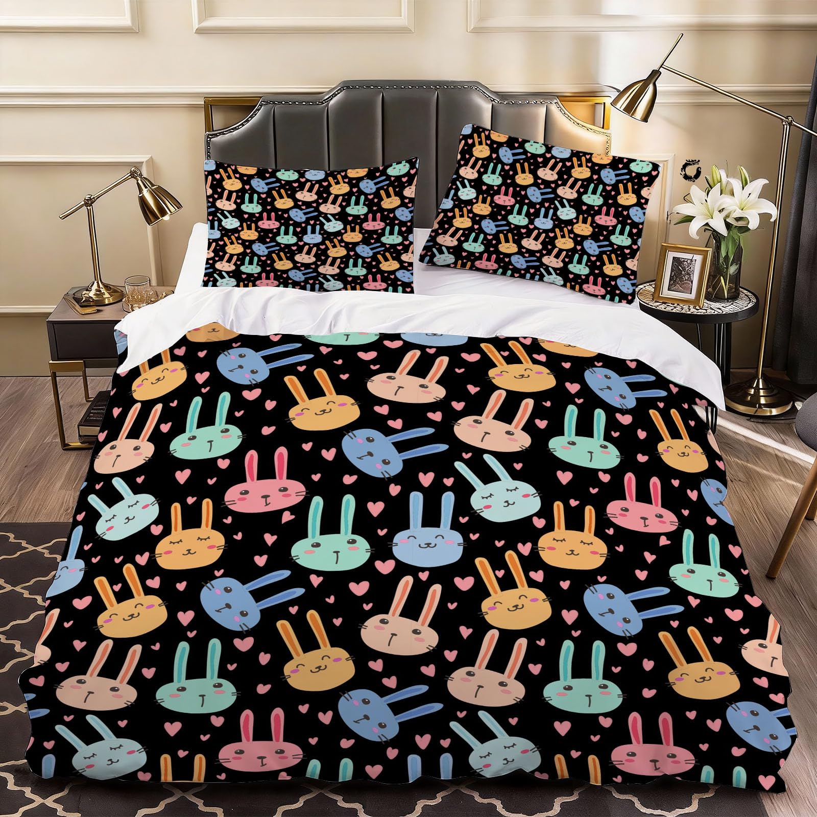 3D Bunny Duvet Cover Cute Animals Bedding Double Bed Set, Soft Microfiber Comforter Cover Printed with Zipper Closure Quilt Coverr 200x200 cm and 2 Pillowcases