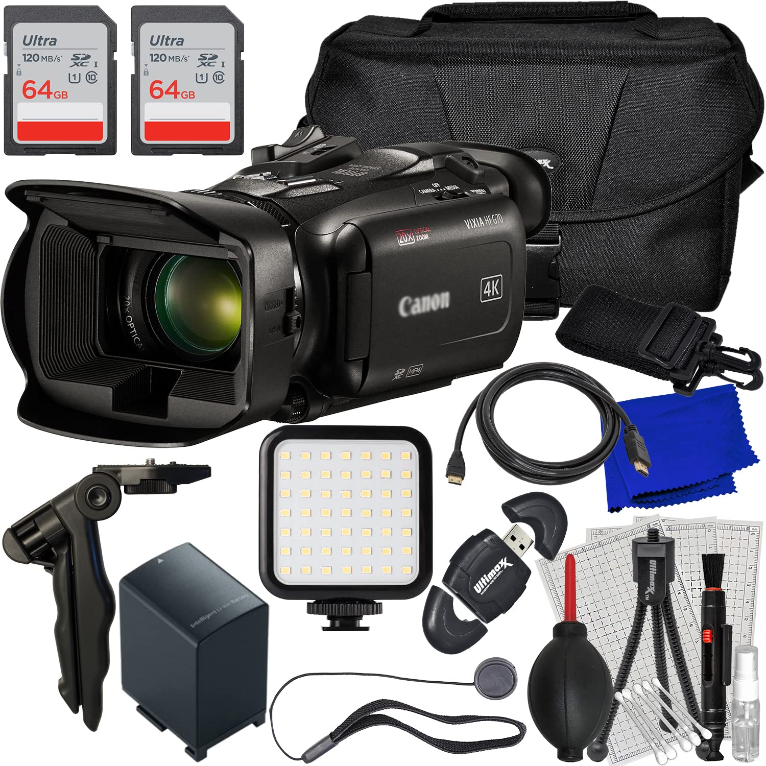 Ultimaxx Essential G70 Camcorder Bundle - Includes: 2X 64GB Ultra Memory Cards, Spare Battery, Ultra-Bright LED Light Kit, Tabletop 6.5” Tripod,