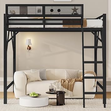 KEIKI Full Size Metal Loft Bed Frame with Ladder and Built-in Storage Shelves, for Teens, Modern Style Loft Bed with Solid Slats, Guardrail, No Box Spring Required, Easy Assembly, for Bedroom, Black