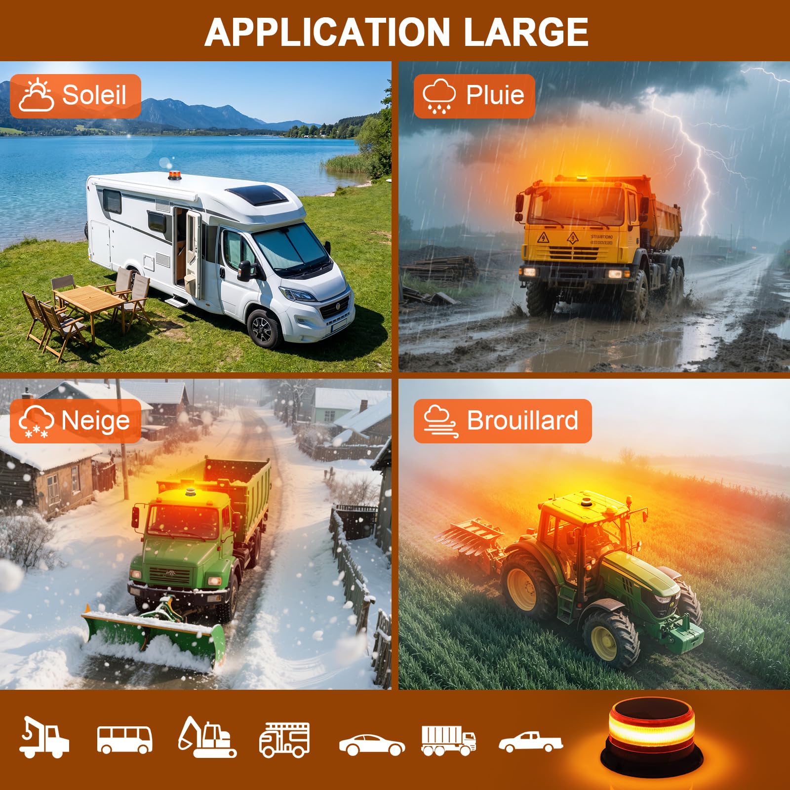AnTom Gyrophare LED avec batterie solaire 9 modes de clignotement 12V 24V gyrophare orange magnétique avec câble et câble USB pour voiture, camion, tracteur, voiture de golf, véhicules d'urgence