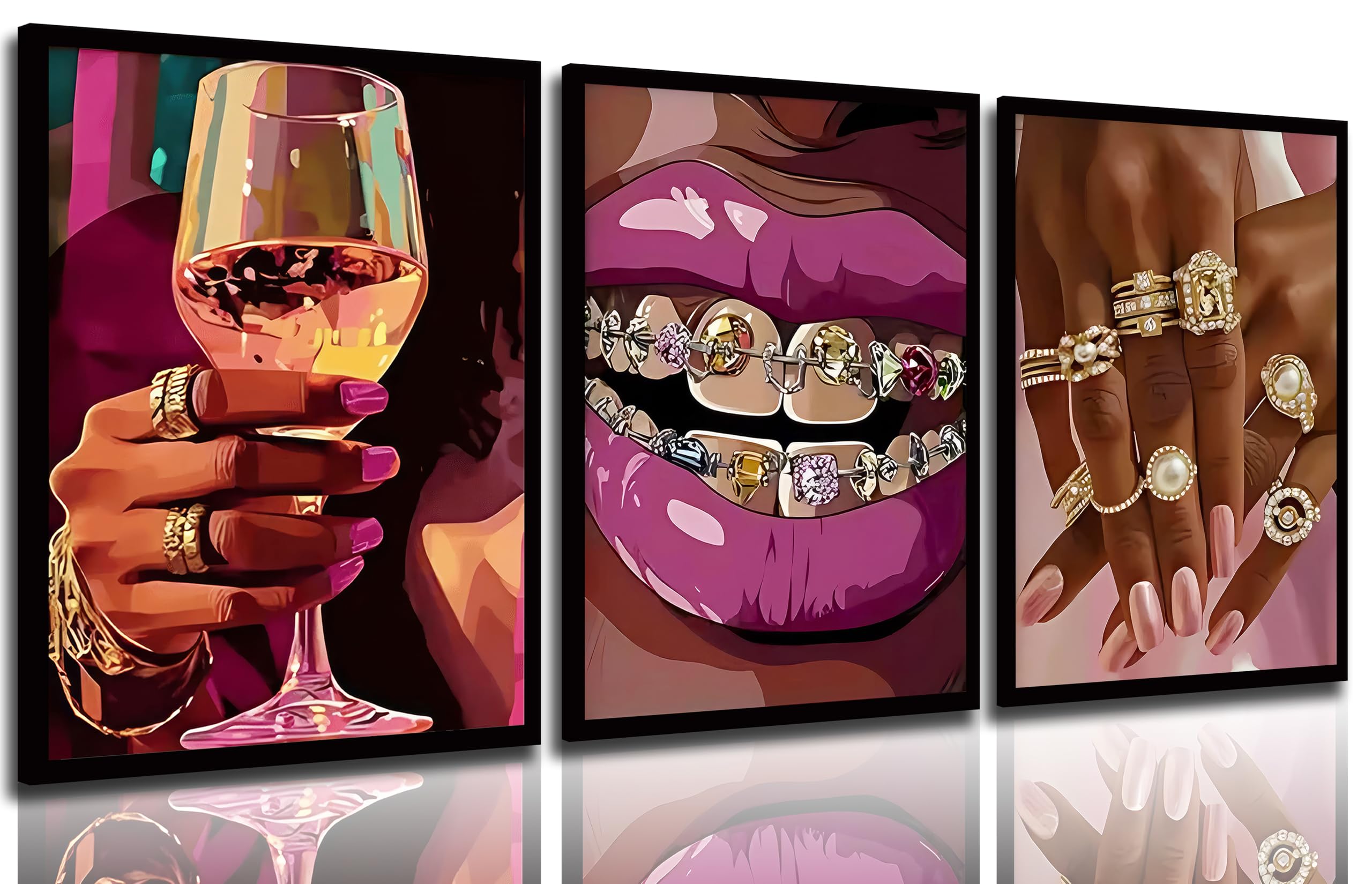 3Pcs Pink Fashion Black Girl Canvas Wall Art African American Black Woman Wall Decor Pictures Gorgeous Black Girl Posters Prints for Living Room