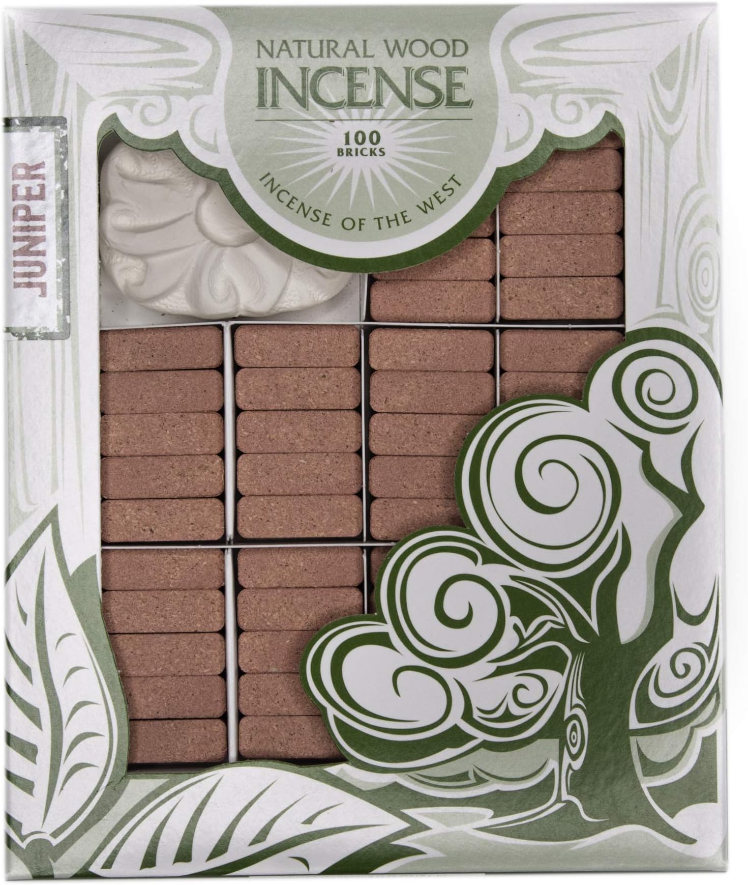 Juniper Natural Wood Incense Bricks with Holder, 100 Count - Made in The USA