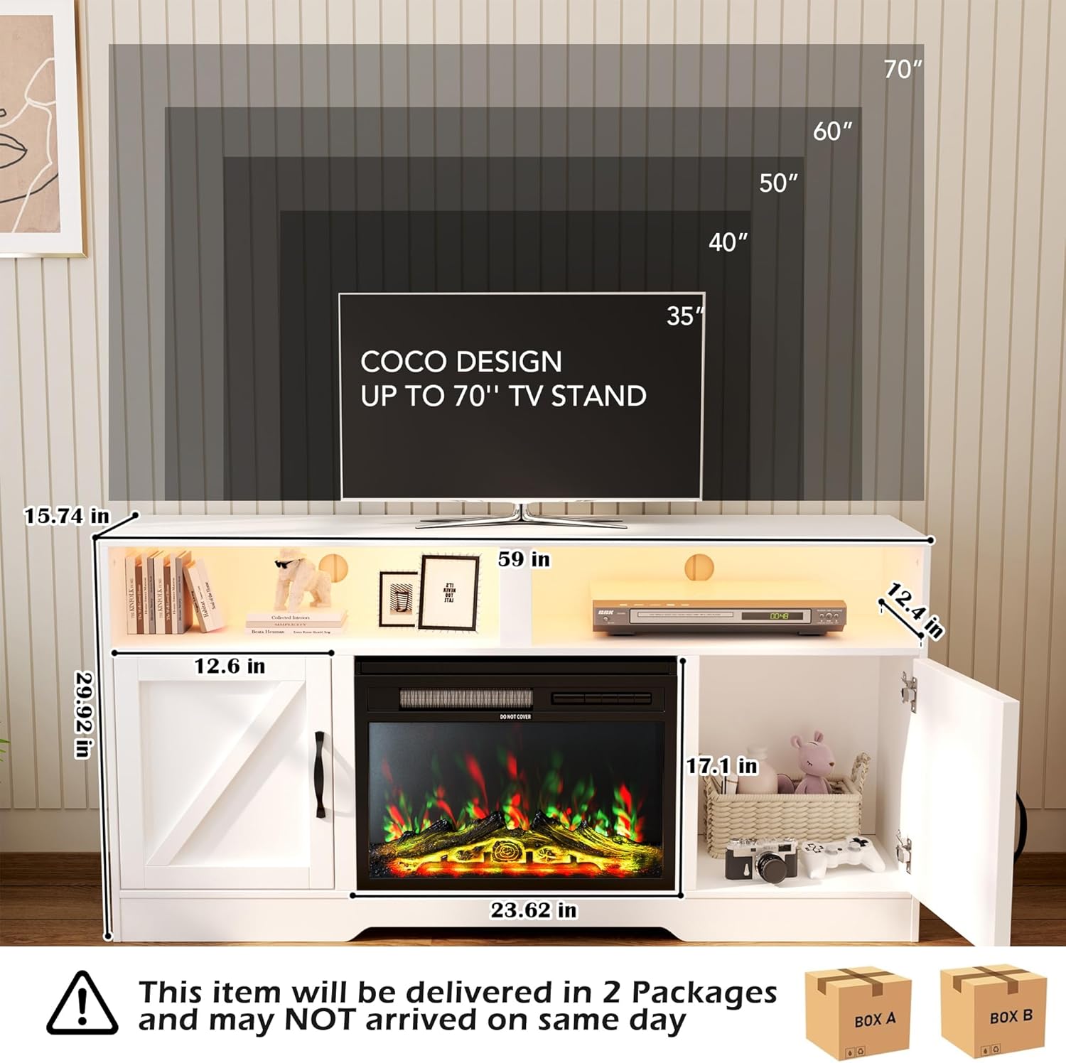 COCO DESIGN 60” TV Stand with 23" Electric Fireplace for TVs Up to 70", 30" Tall Entertainment Center with LED Light, Farmhouse Wooden Media Console with Storage Cabinet for Living Room, White