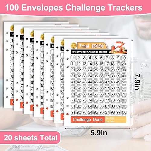 Miniatura 6 de AIERSA 20 hojas de 100 sobres de ahorro de dinero para carpetas A5 de 6 anillas, tarjetas de seguimiento de desafíos de ahorro con película para