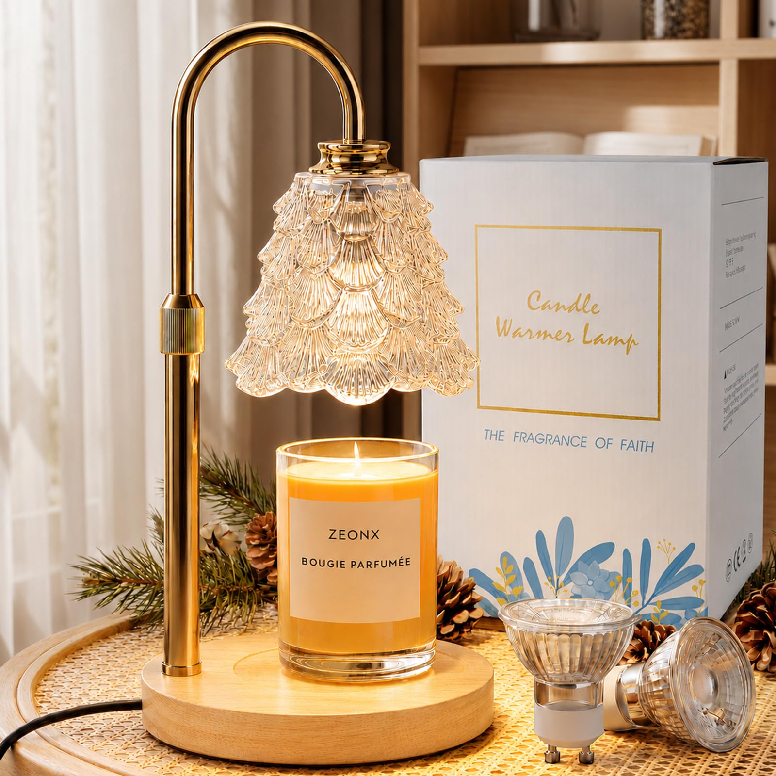 Candle Warmer Lamp with Timer and Dimmer, Height Adjustable Wax Melt Warmer for Jar Candles, 2 x 50W GU10 Bulbs and UK Plug, Green Glass Shade, Wooden Base