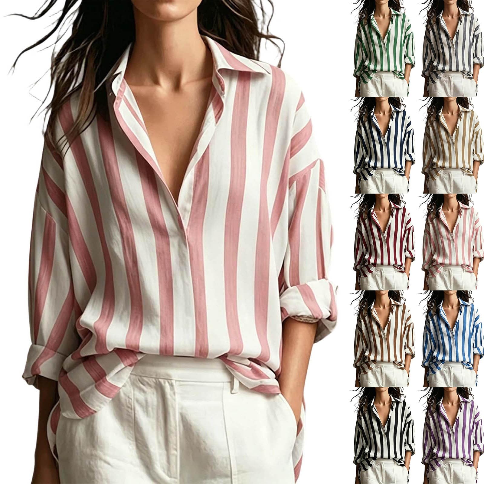 Camicetta da donna a maniche lunghe, a righe, da lavoro, con scollo a V, con bottoni, in lino, stile vintage, casual