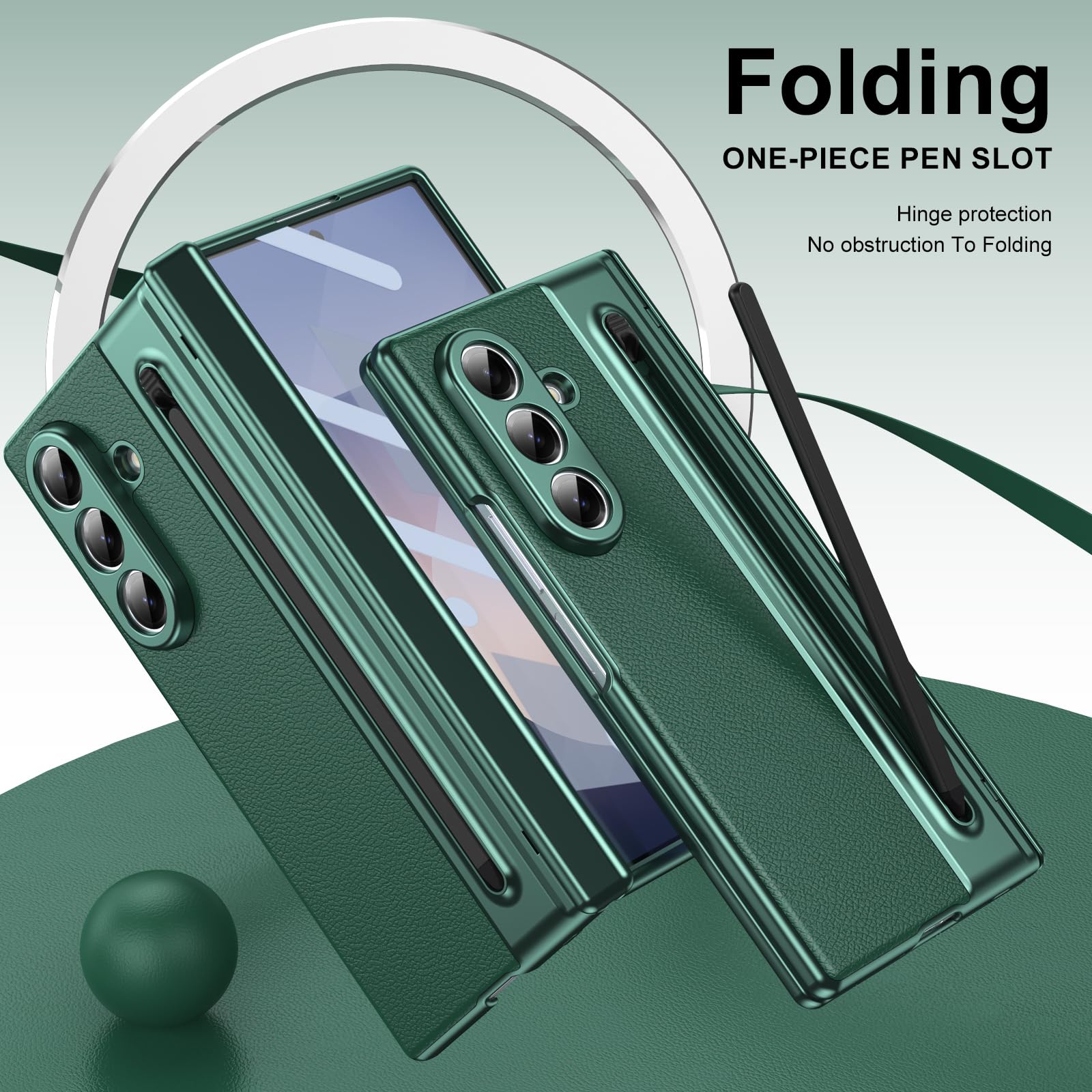 Custodia per Galaxy Z Fold7 con penna stilo, custodia per Fold 7 con protezione per lo schermo + slot per S Pen, custodia in pelle per Samsung Galaxy Z Fold7 con cerniera-Verde