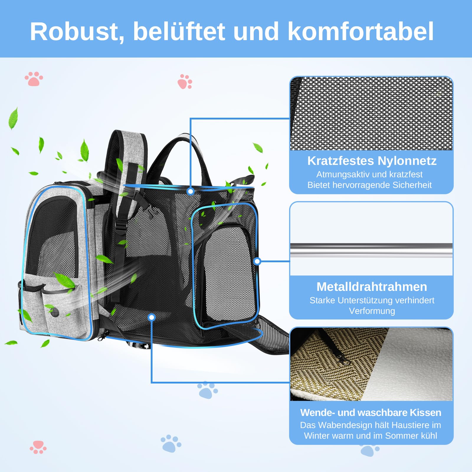 Mochila transportadora para Gatos, portátil Transpirable, Mochila Plegable para Transportar Mascotas, para Gatos y Perros medianos y pequeños, transportadora para, Gris | Ventana de malla transpirable, hasta 8 kg, 30 x 24 x 36 cm, para paseos diarios, sen