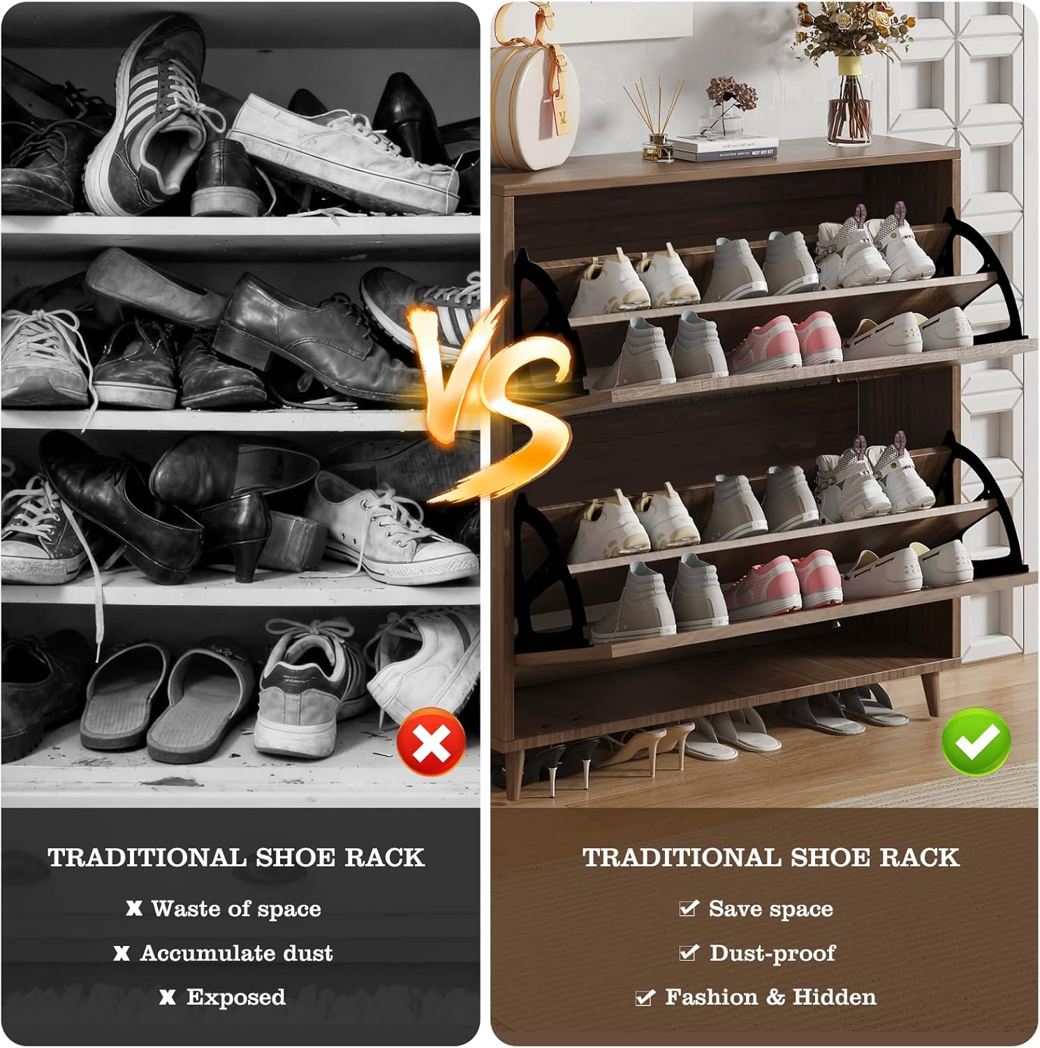 Shoe Storage Cabinet for Entryway | Ultra-Slim Narrow Shoe Organizer with 2 Flip Drawers | Freestanding Hidden Shoe Rack | Space-Saving Solution for Small Hallway, Foyer, Mudroom