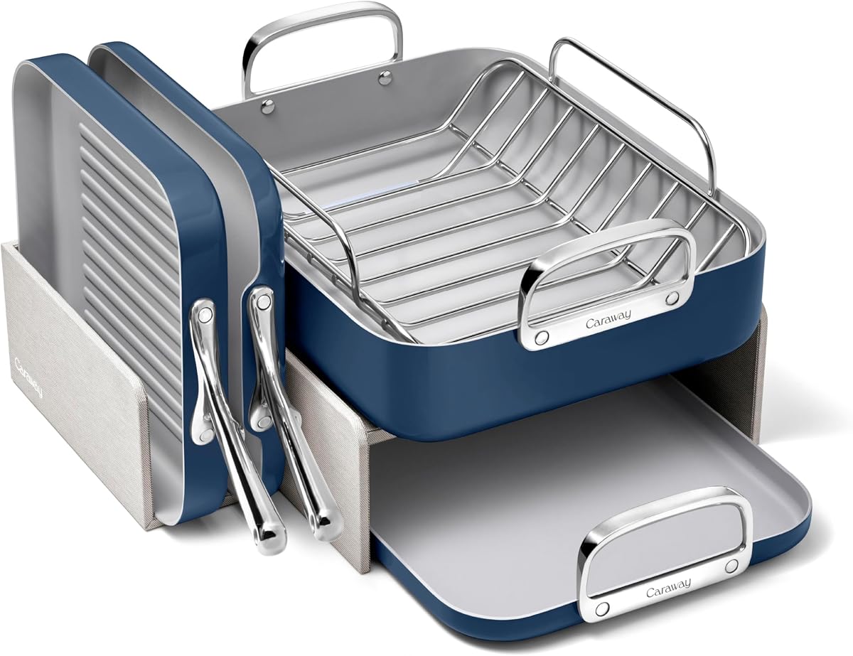 Caraway Non-Stick Ceramic-Coated Squareware Set | Non-Toxic Square Pans Set, Perfect for Griddling, Toasting, Searing, Roasting, & More, Navy