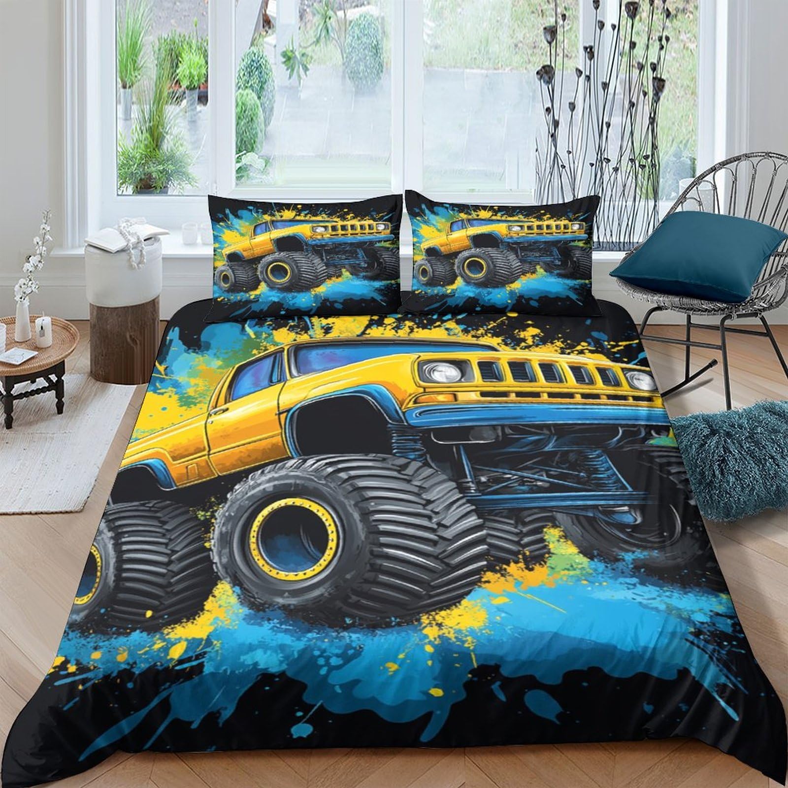 Ctjqhvkz Style-7 3D Printed Yellow Monster Truck Fitted Sheet Microfiber Bedroom Decor Blue Splash Mattress Cover Anti-Slip Washable Single（135X200cm）