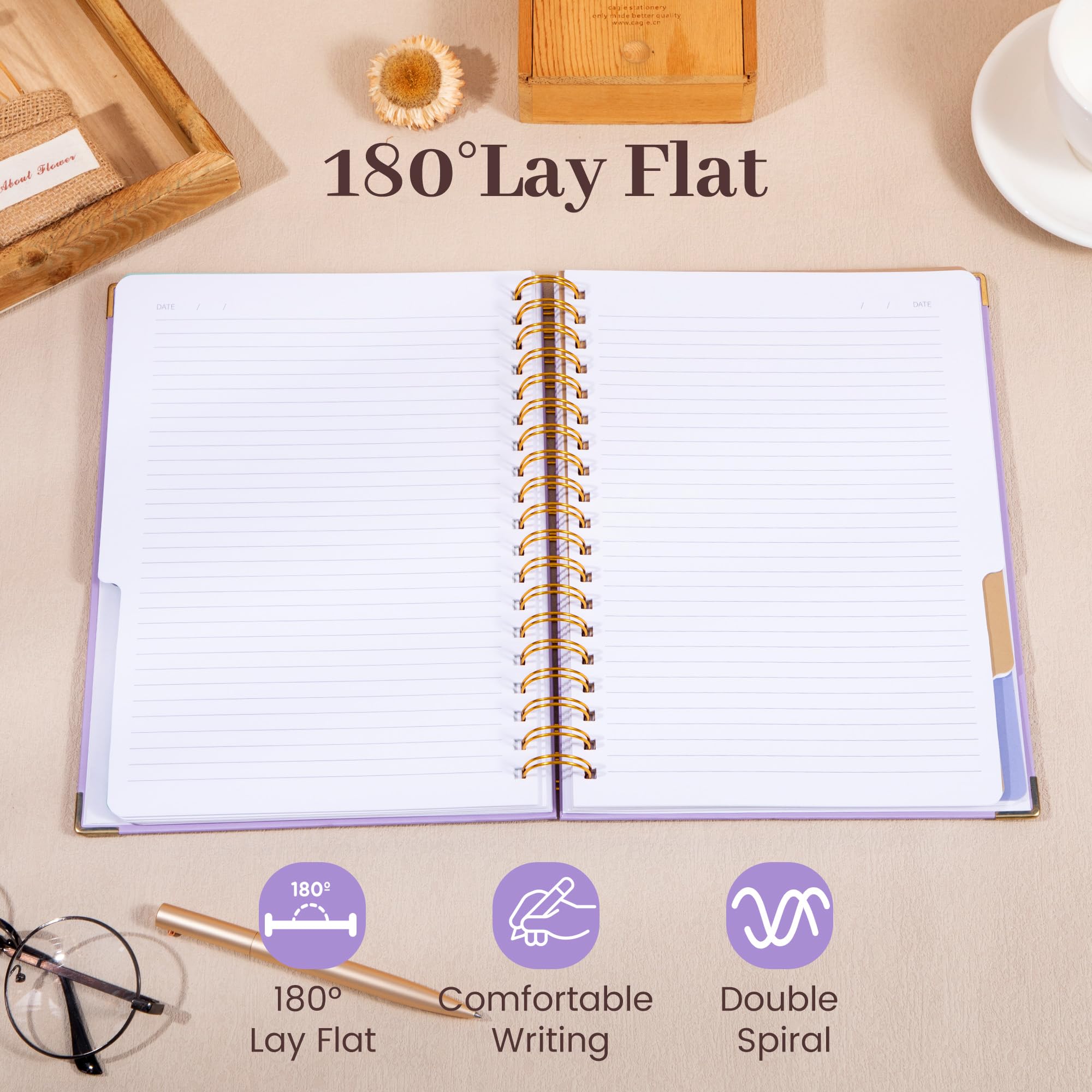 Cuaderno de espiral de tapa dura con pestañas de 7 x 10 pulgadas, diario grande con rayas en espiral para mujeres con divisores, 240 páginas, cuaderno de composición a rayas universitarias, cuaderno