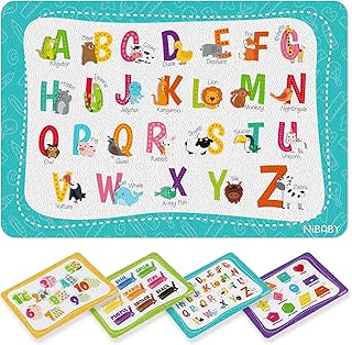 NiBaby Kids' Non Slip Educational Placemats Set of 4 Washable, Children's Interactive Placemats Foldable, Toddler Placemats for Learning Alphabet, Numbers, Shapes, Colors- Durable Reusable PU Leather