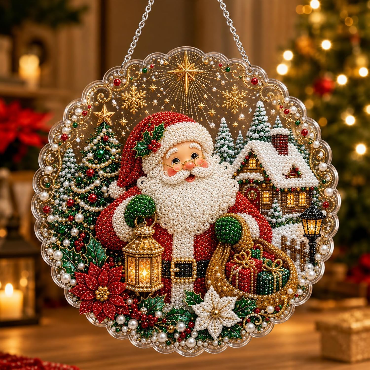 DualBlades DIY Christmas Pearl Diamond Painting Suncatcher Kit for Adults, DIY 3D Christmas Craft for Beginner, Pre-Assembled Metal Chain, 3D Mixed-Sized Pearl Beads Craft, 7.87 * 7.87in，Style K