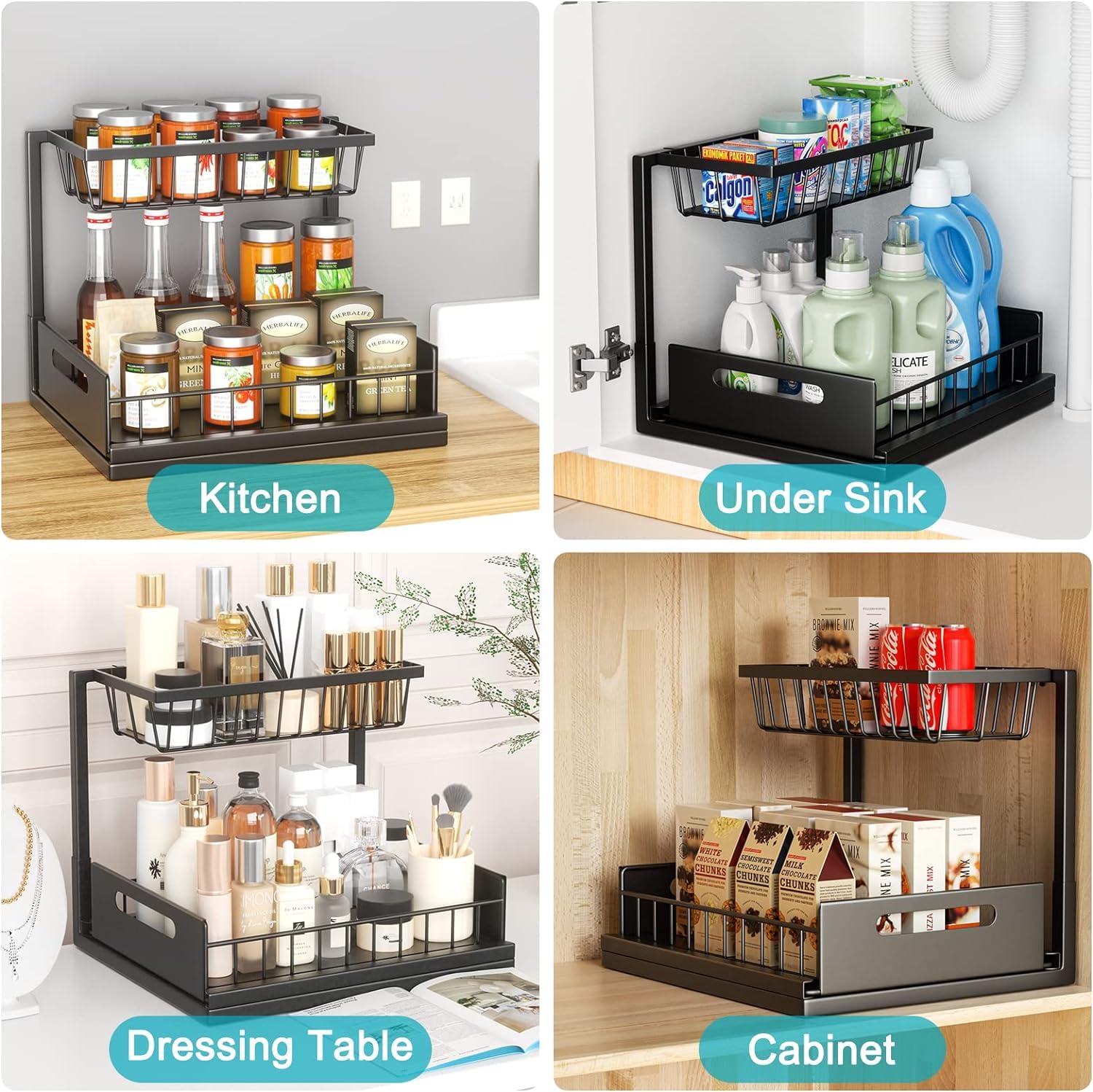 Cocolemon Rangement sous Évier Cuisine, Lot de 2 Métal Organisateur sous Evier Tiroir Coulissant à Extraction Forme en L, Rangement Et Organisation De Cuisine Stable de Grande Capacité, Noir