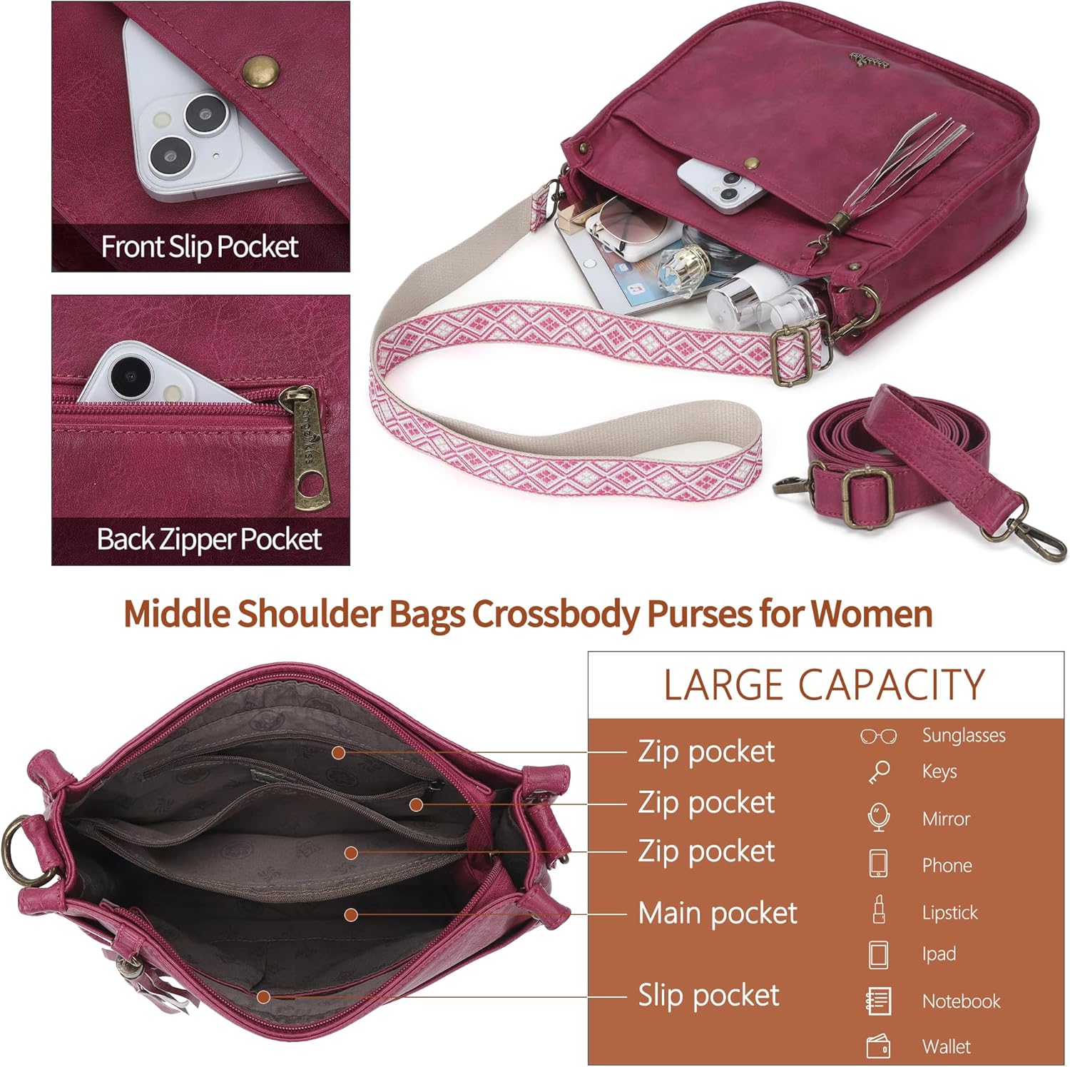 Angel Kiss Crossbody Bags for Women Trendy Vegan Leather Hobo Purses Shoulder Handbags Ladies Tassel Bag with Guitar Strap - Image 5