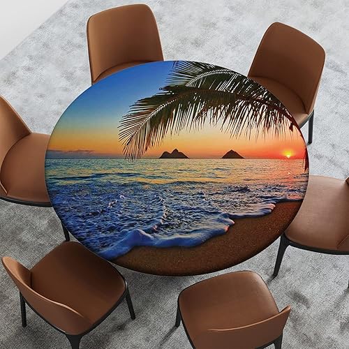 Miniatura 3 de Mantel con diseño de playa, borde elástico, adecuado para catering y cocina, se puede limpiar con el mantel redondo de comedor, color azul y marrón,